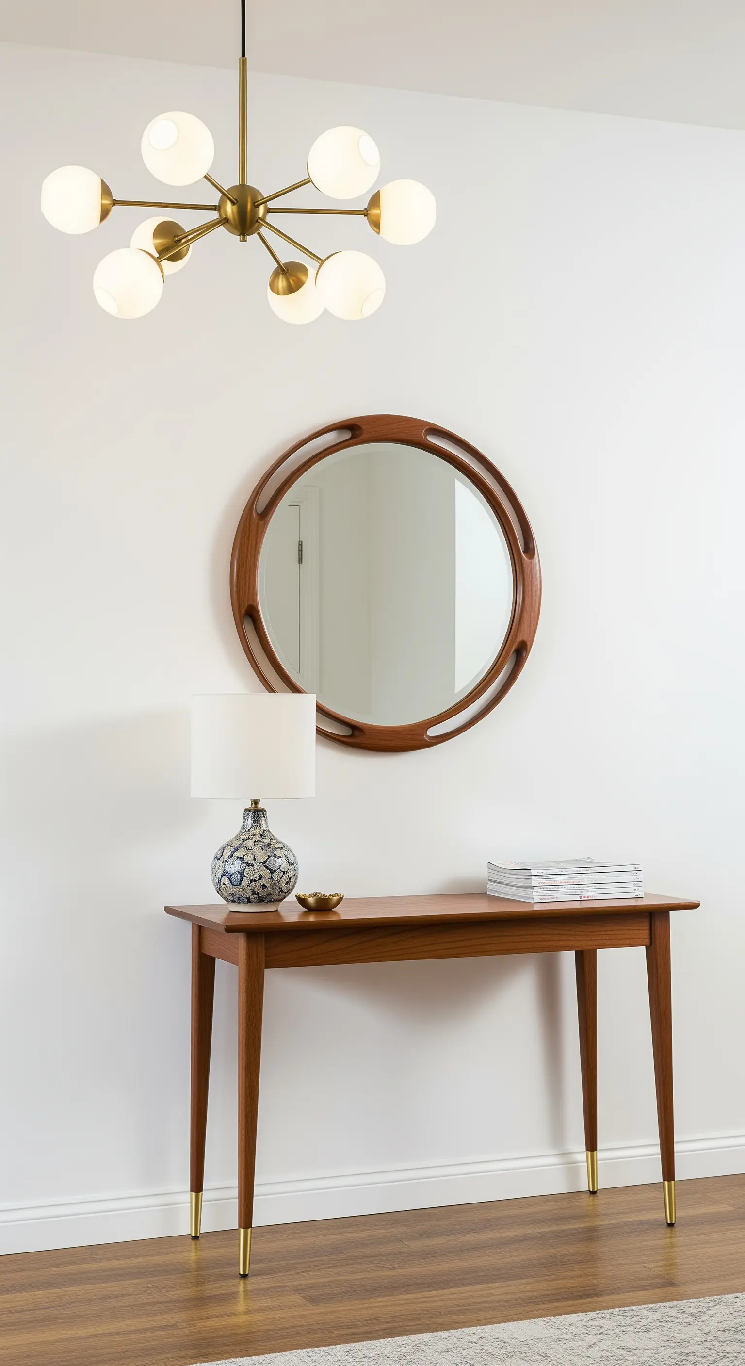 Consolle e specchio in legno di teak in stile Mid-Century con lampadario sputnik.