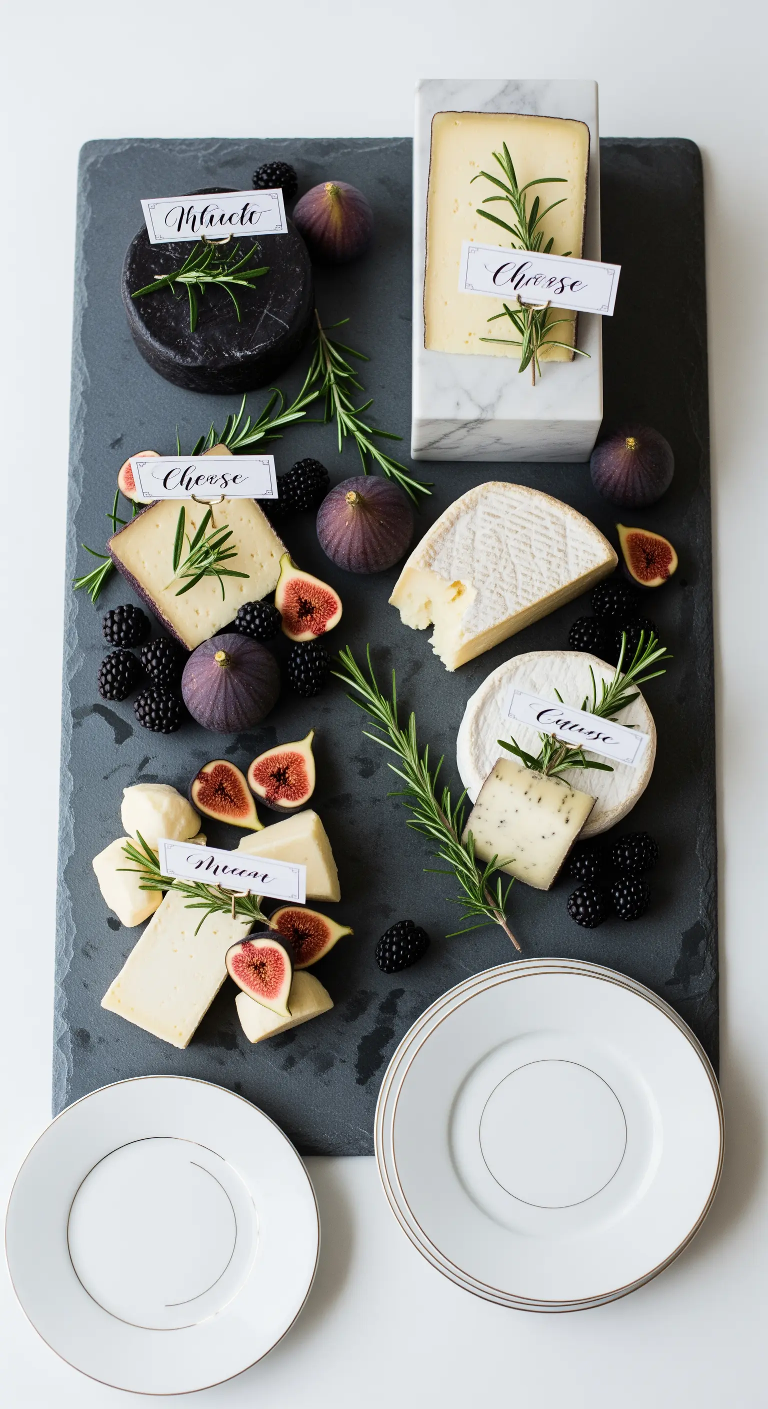 Tagliere di formaggi gourmet su una lastra di ardesia scura, decorato con fichi e rosmarino.