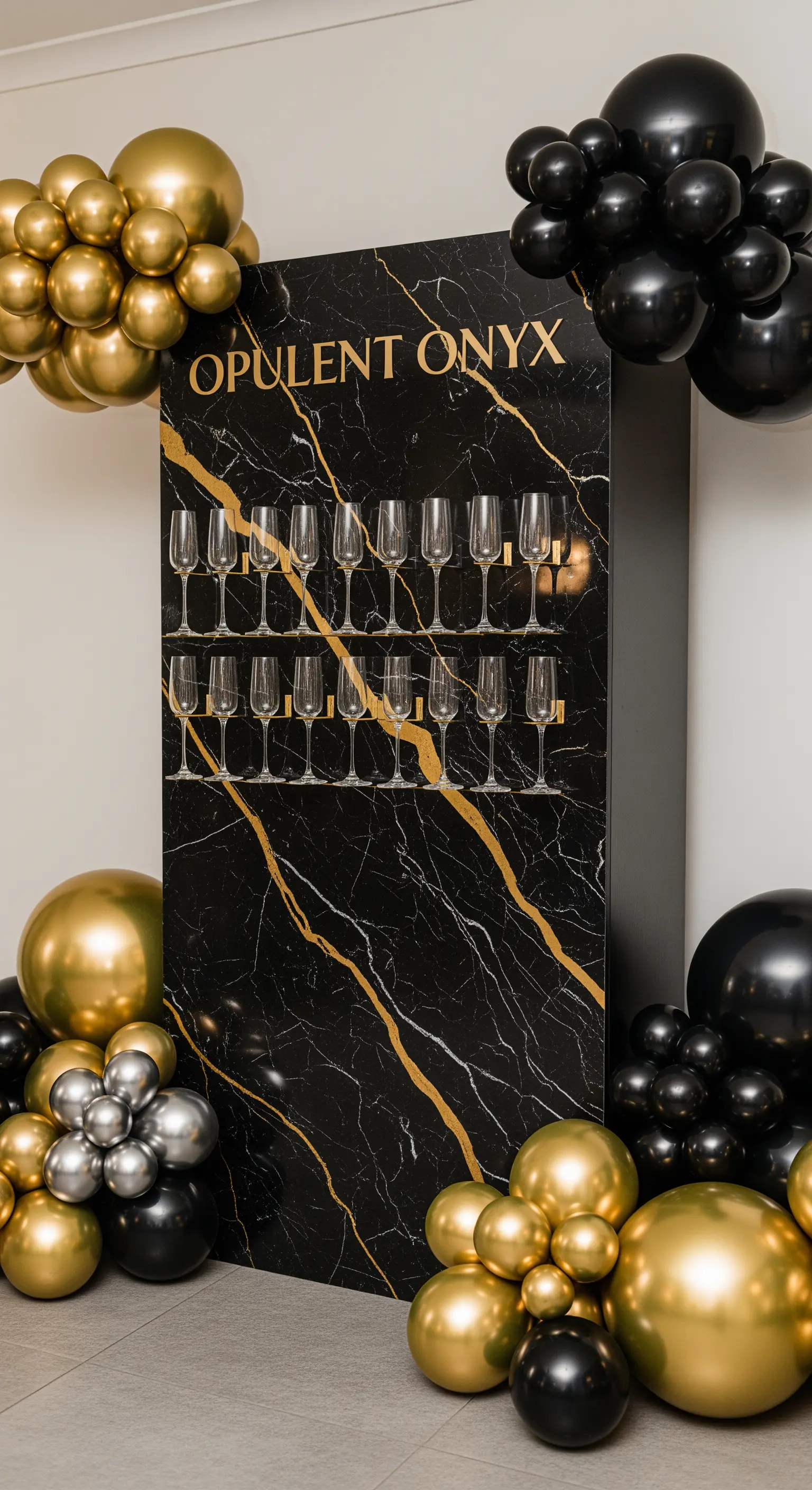 Champagne wall effetto marmo nero con venature dorate e palloncini neri e oro.
