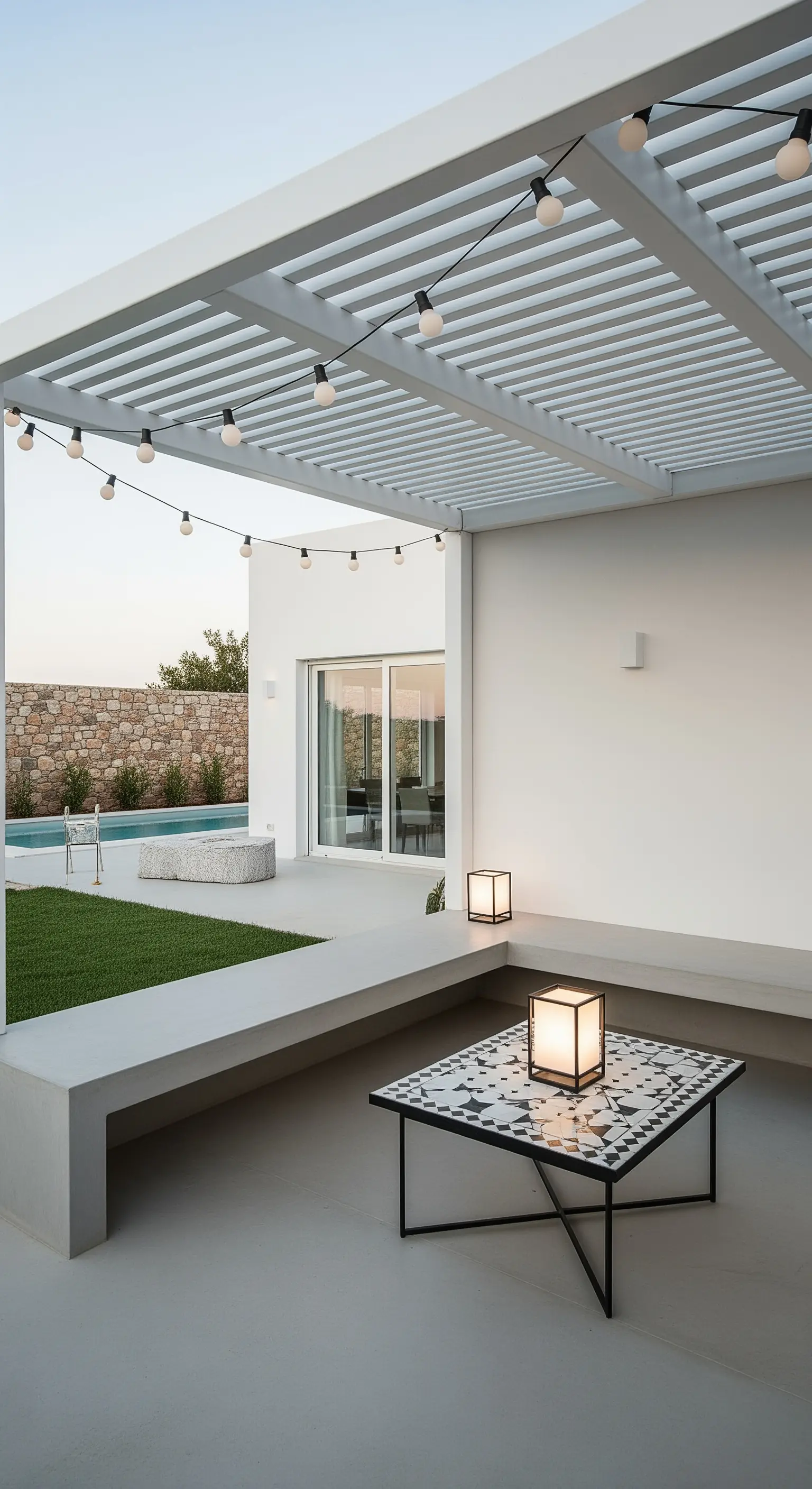 Patio moderno con pergola bianca, pavimento in cemento e tavolino in mosaico bianco e nero