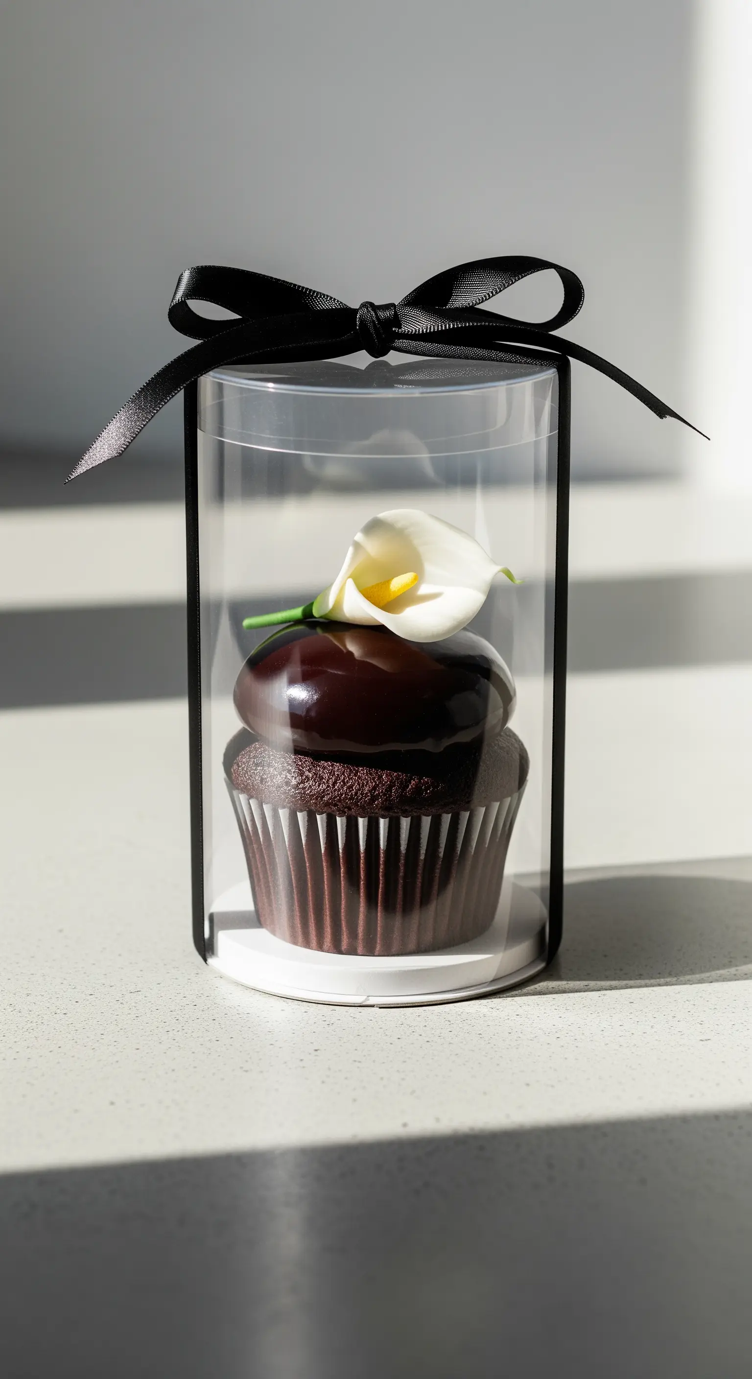 Cupcake al cioccolato in scatola cilindrica con nastro nero e una calla bianca.