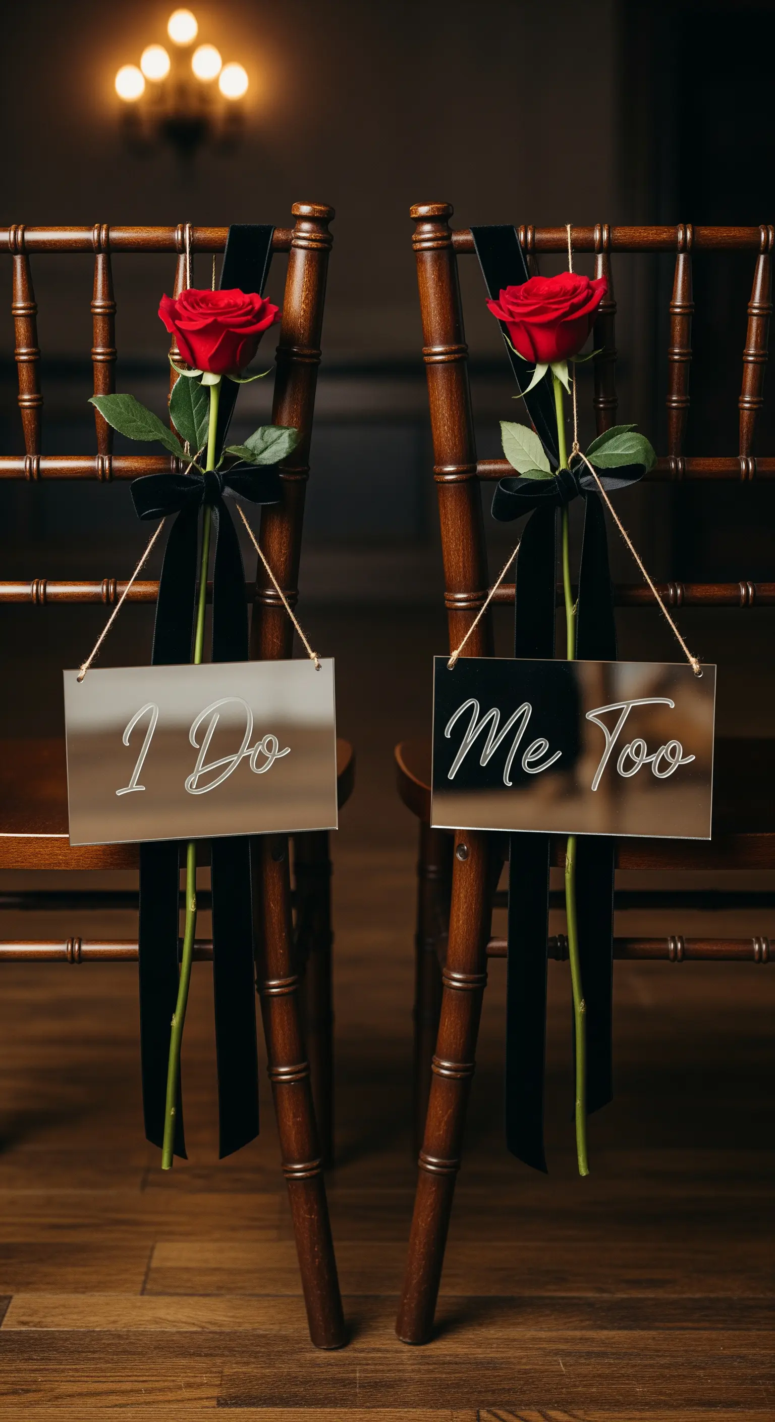 Sedie in legno scuro con una singola rosa rossa, nastro di velluto nero e targhette a specchio.