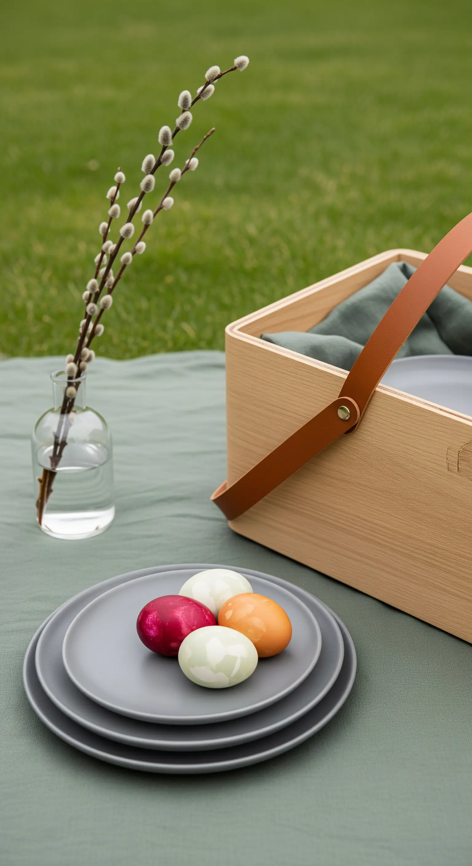 Dettaglio di un picnic minimalista con piatti grigi, uova colorate e un cestino in legno chiaro.
