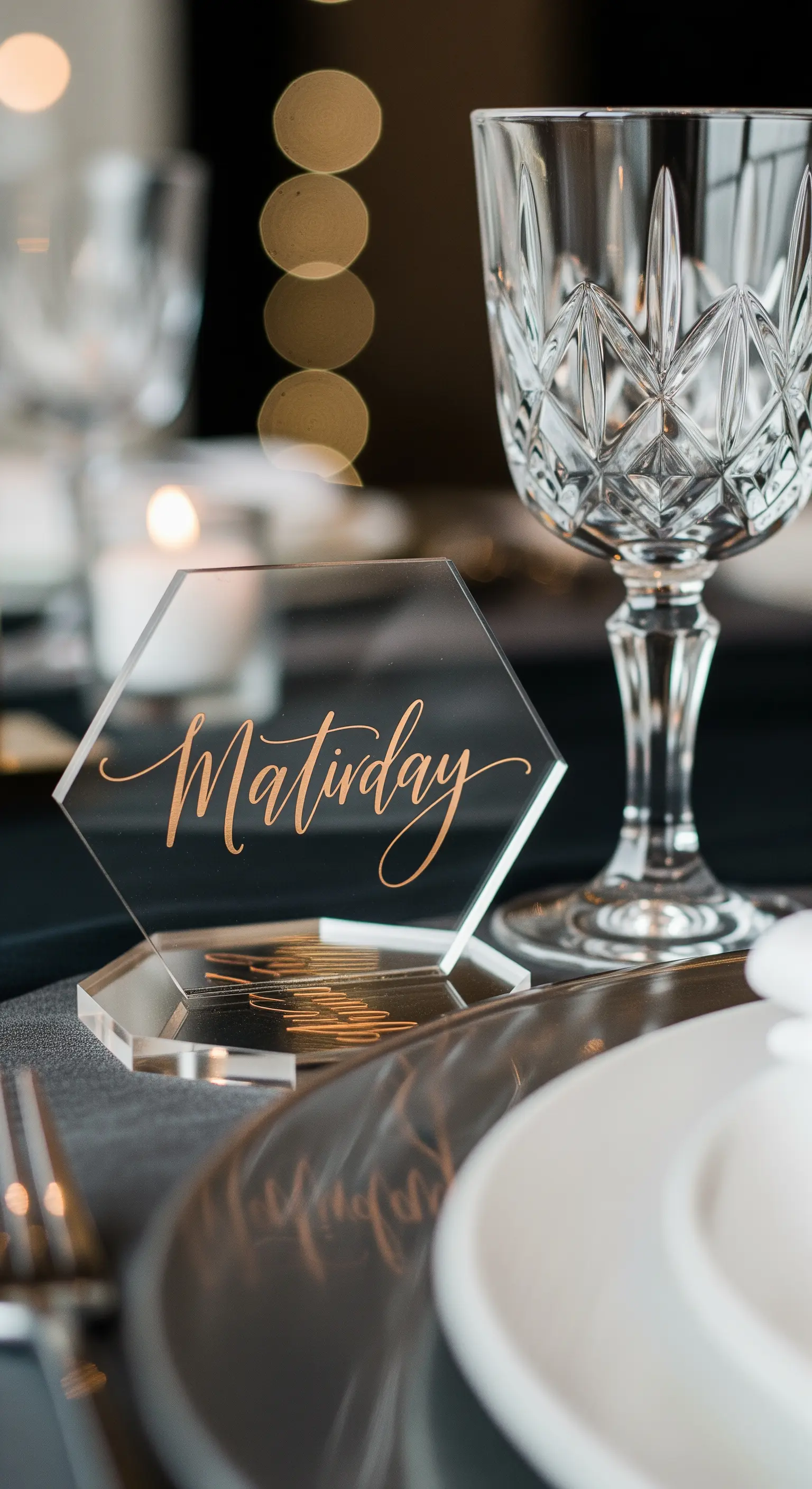 Segnaposto esagonale in acrilico trasparente con nome in calligrafia dorata.