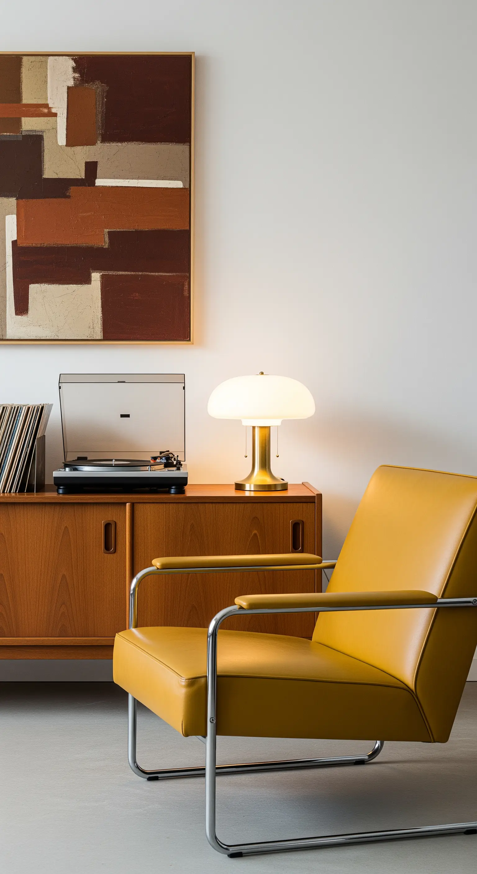 Poltrona in pelle senape e metallo cromato accanto a una credenza in teak con giradischi.