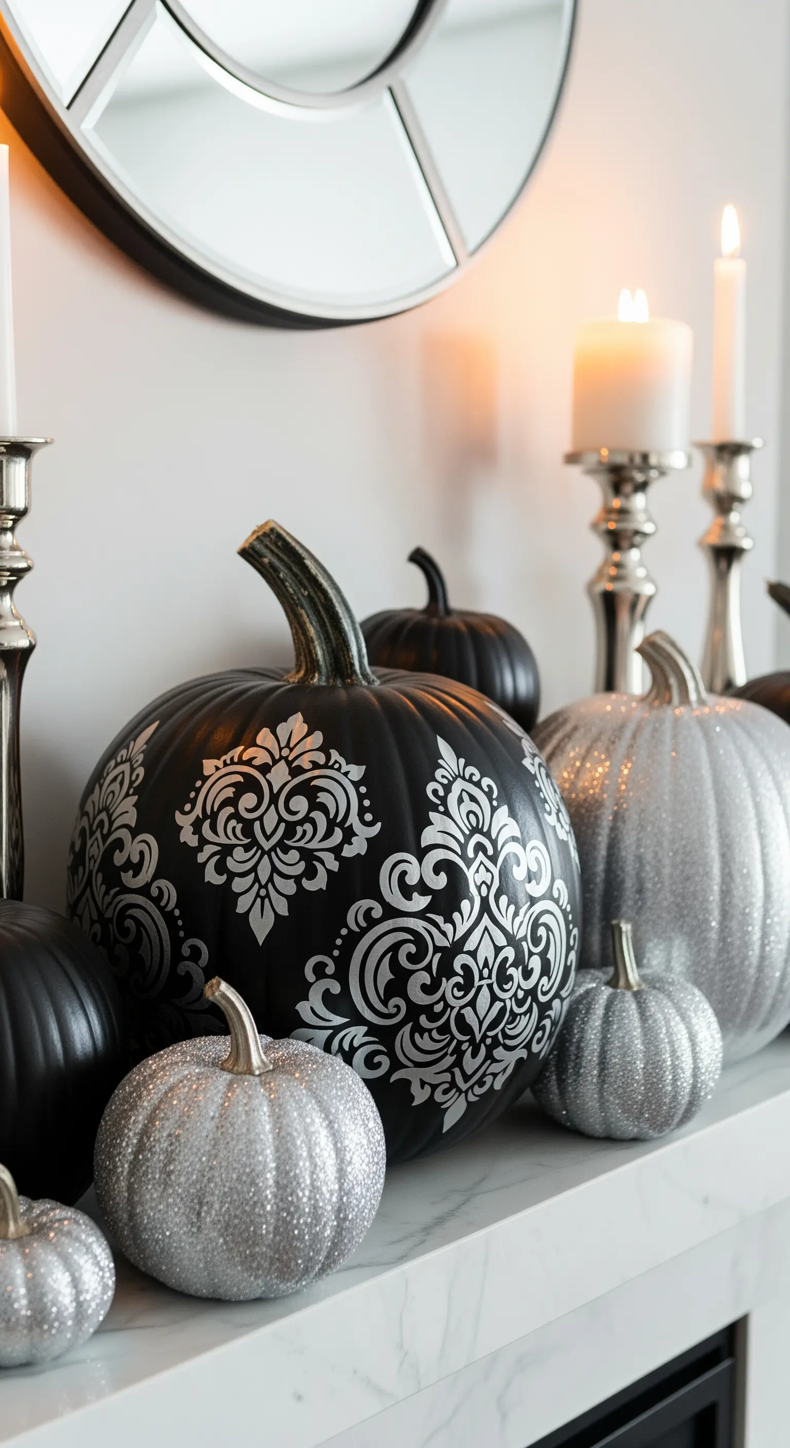Zucche nere e argento con stencil damascato su una mensola bianca.