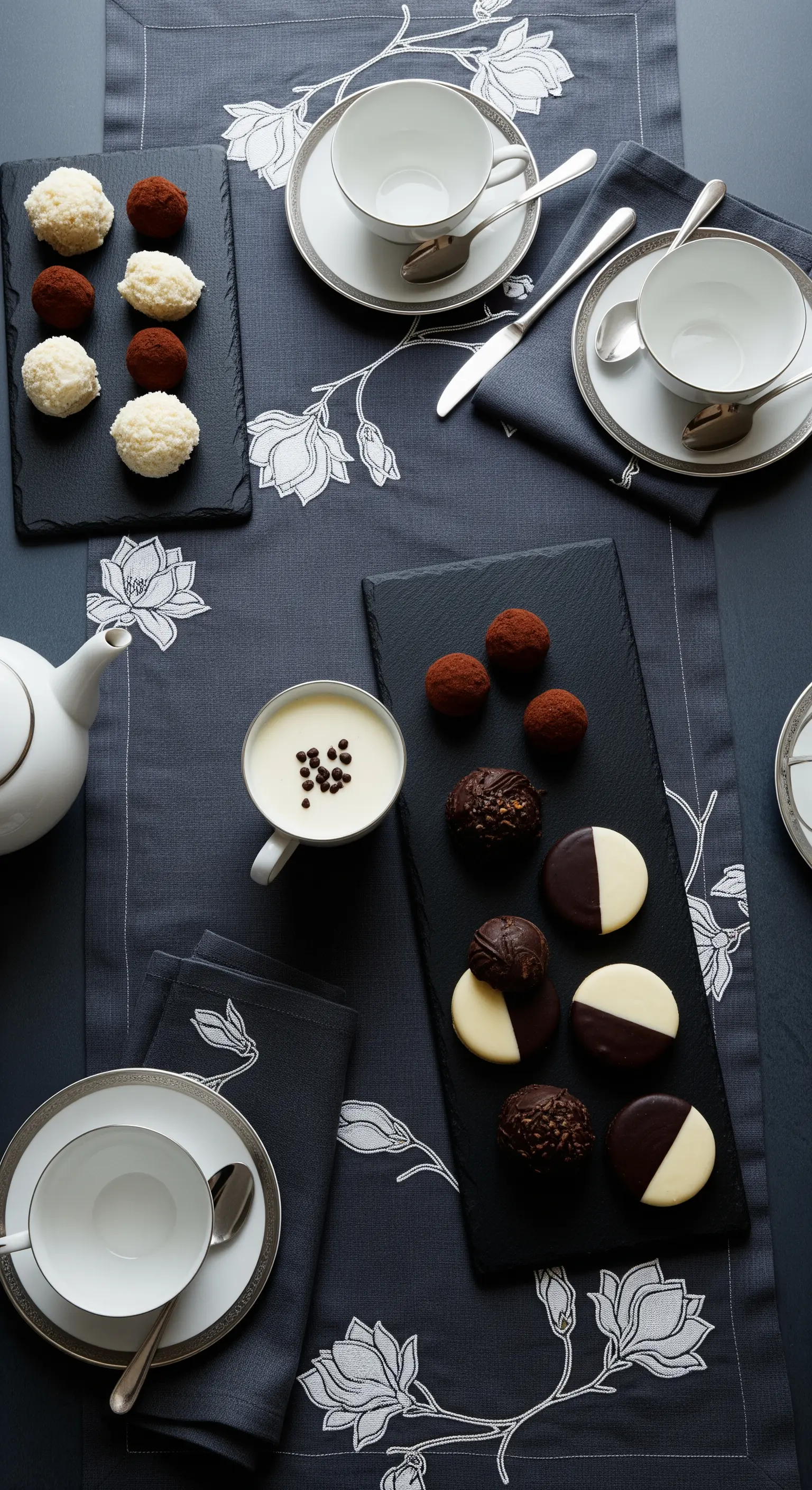 Tavola da tè moderna con tovaglia grigia, piatti in ardesia e dolci al cioccolato