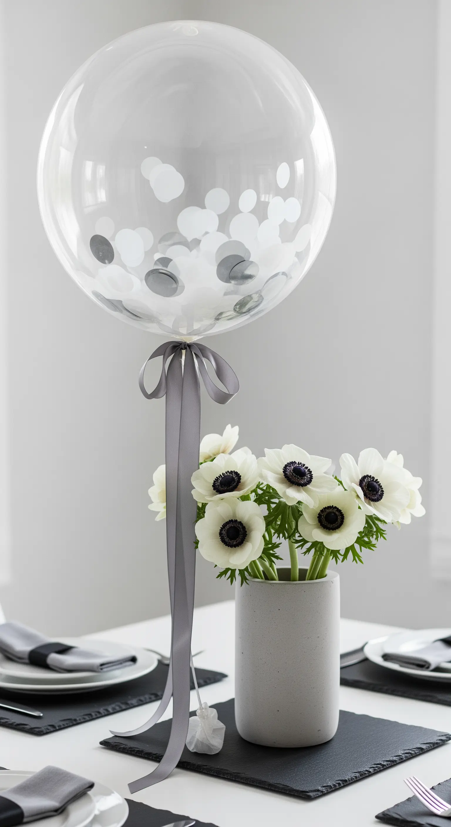 Centrotavola monocromatico con anemoni bianchi in un vaso di cemento e palloncino con coriandoli.