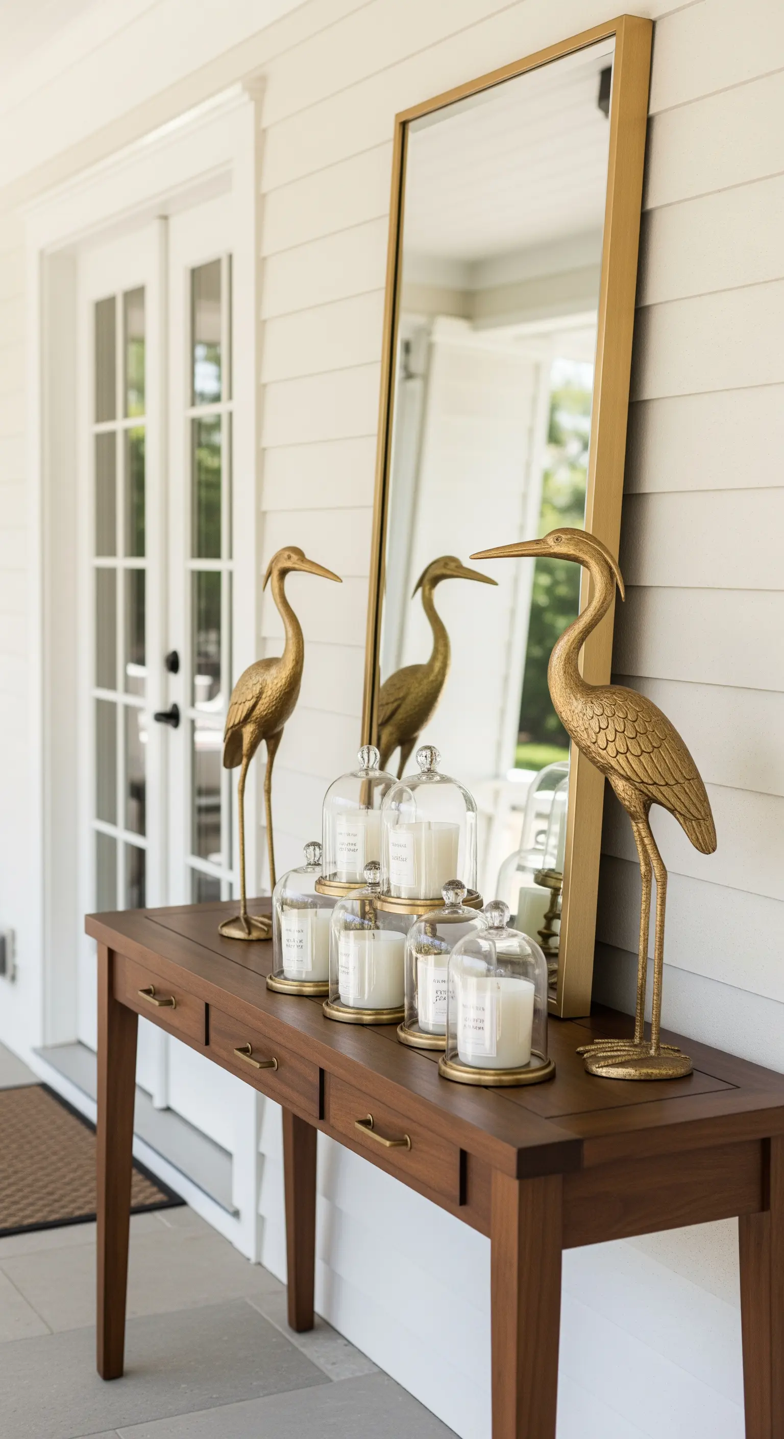 Consolle in legno all'ingresso con specchio dorato, candele sotto campane di vetro e aironi dorati.
