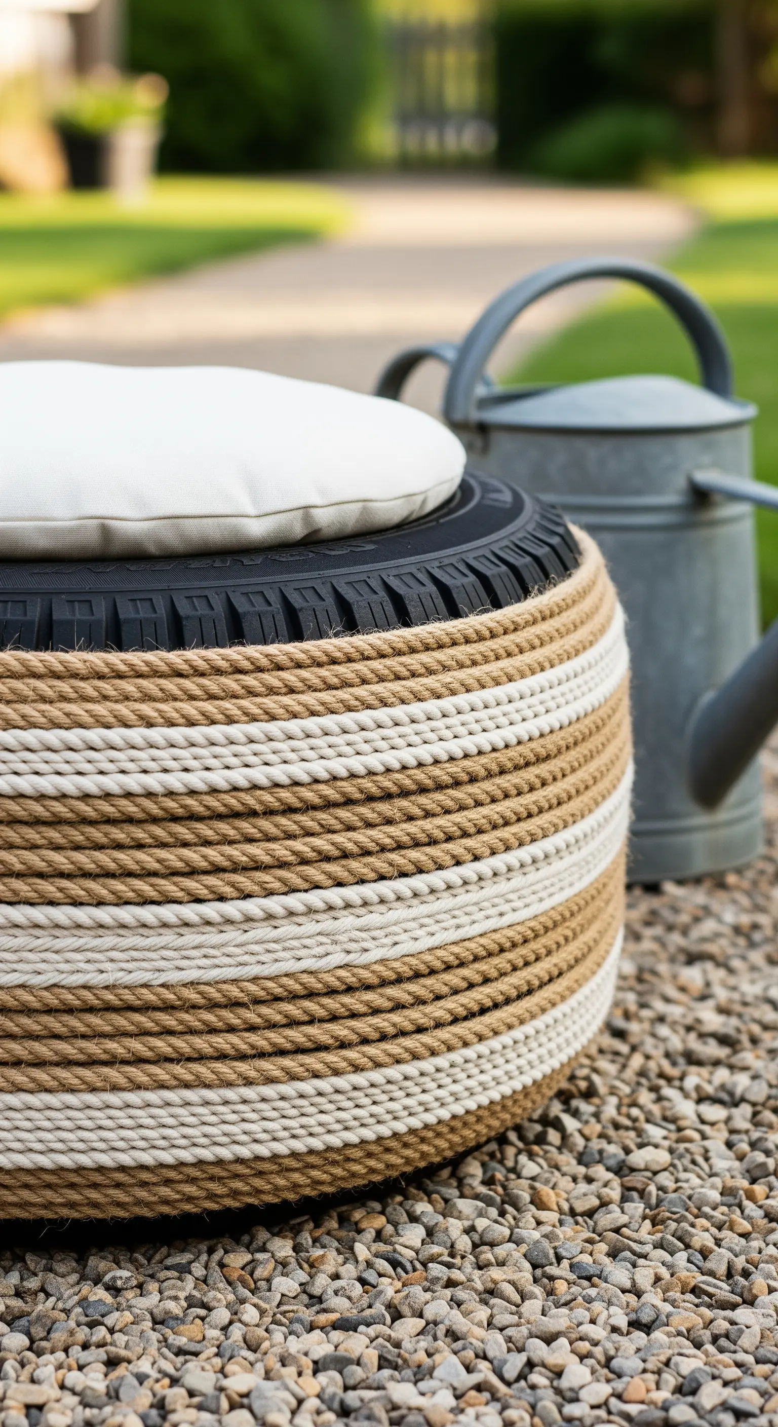 Pouf realizzato con pneumatico rivestito da corde di iuta e cotone bianco a fasce alternate.