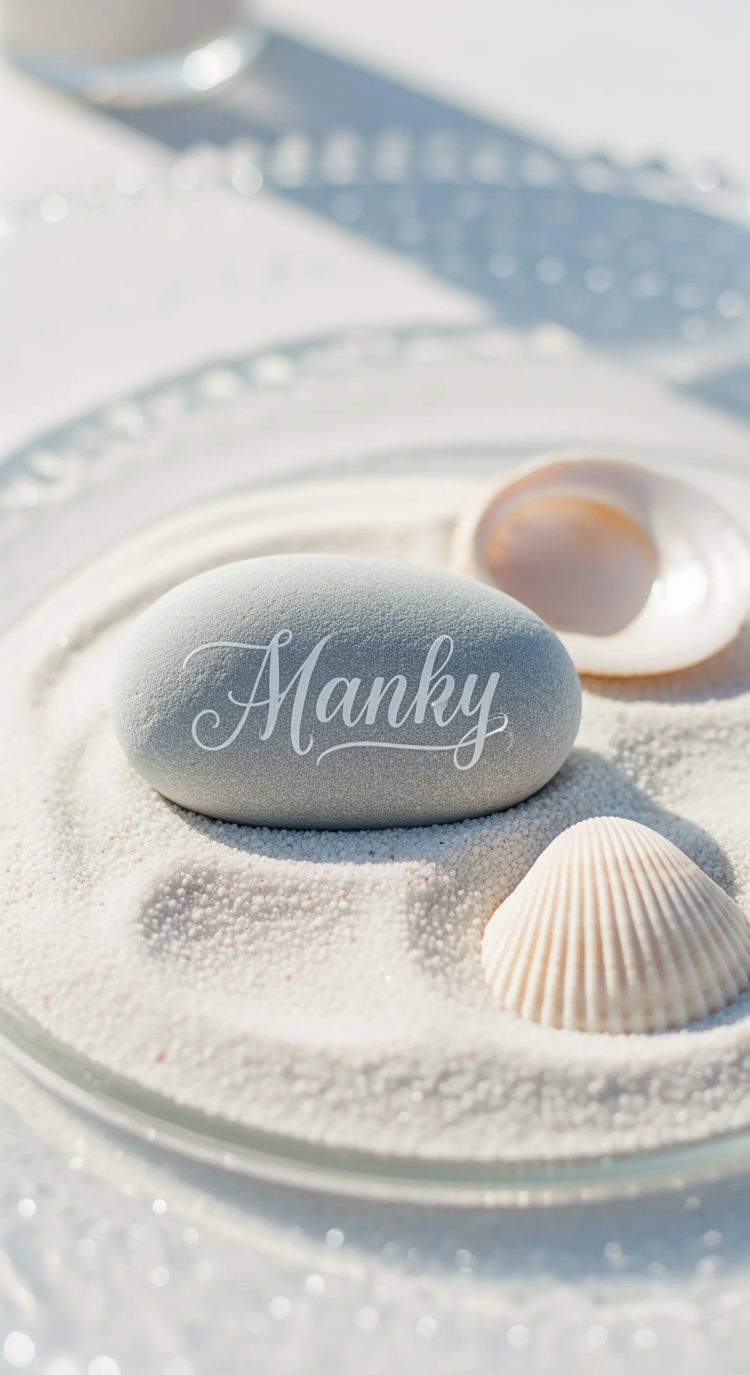 Pietra di fiume levigata con nome scritto in calligrafia bianca, stile minimal.