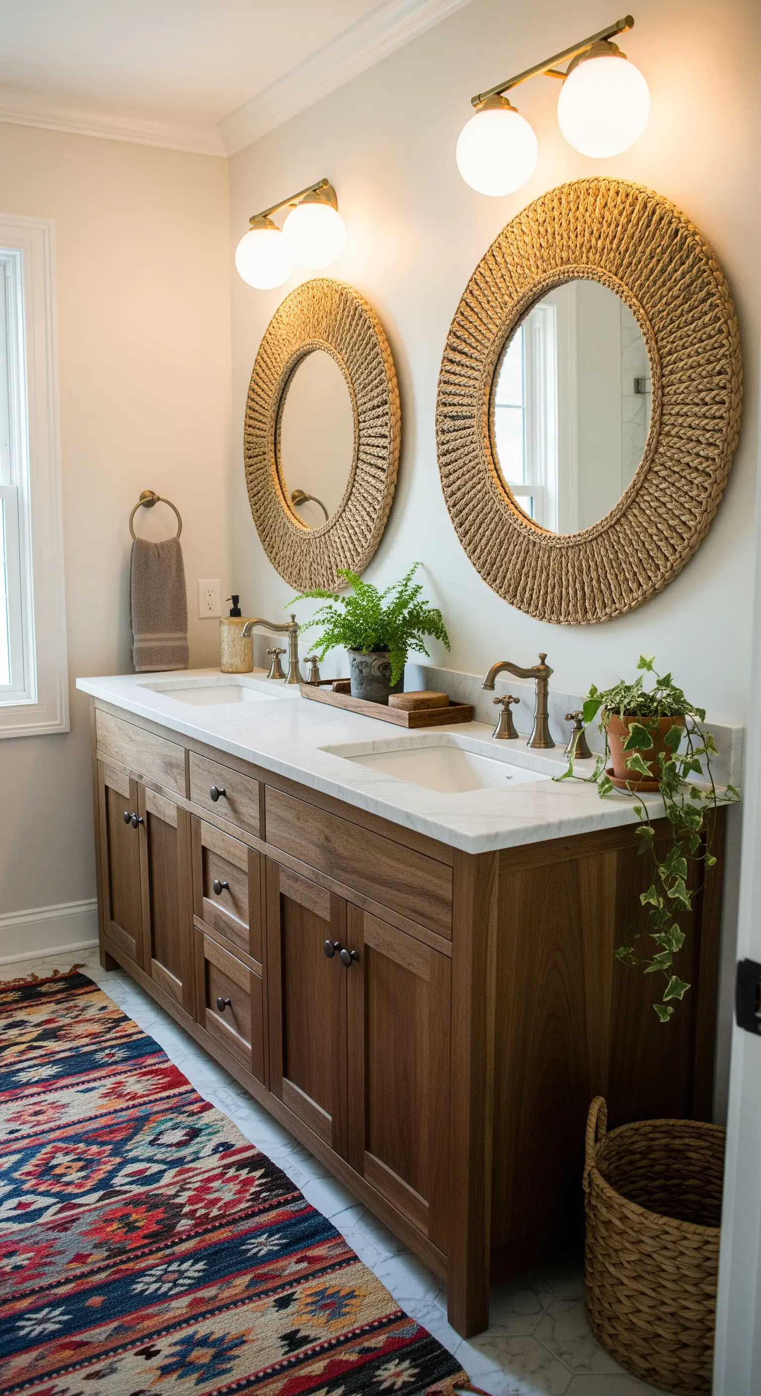Bagno con doppio lavabo in legno e marmo, specchi rotondi intrecciati e tappeto kilim.