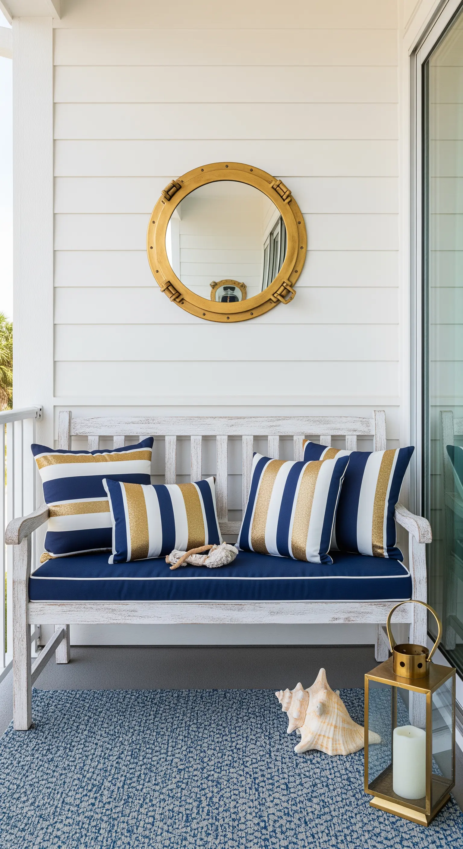 Panca bianca in stile nautico con cuscini a righe blu e oro e specchio a oblò.