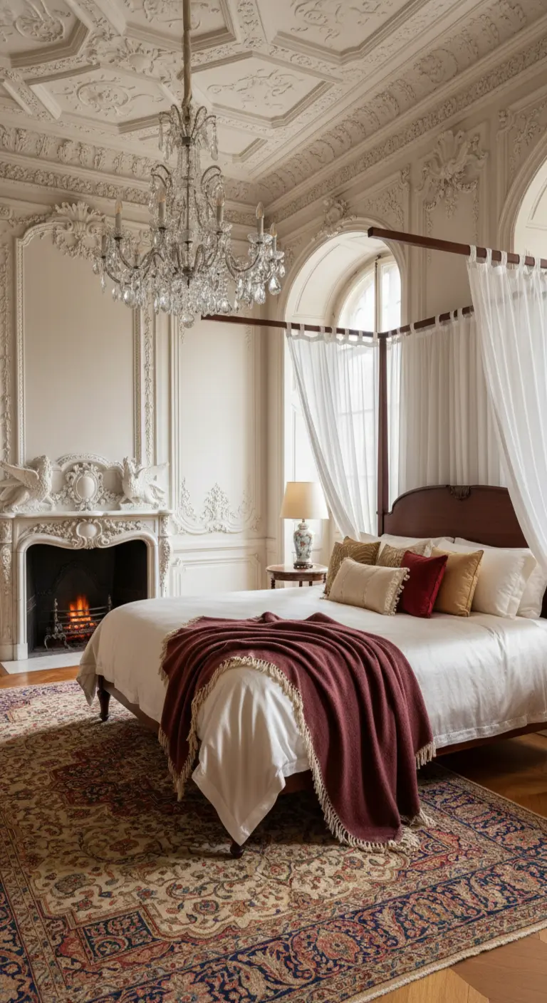Stanza da letto classica con letto a baldacchino, lampadario di cristallo e camino decorato.