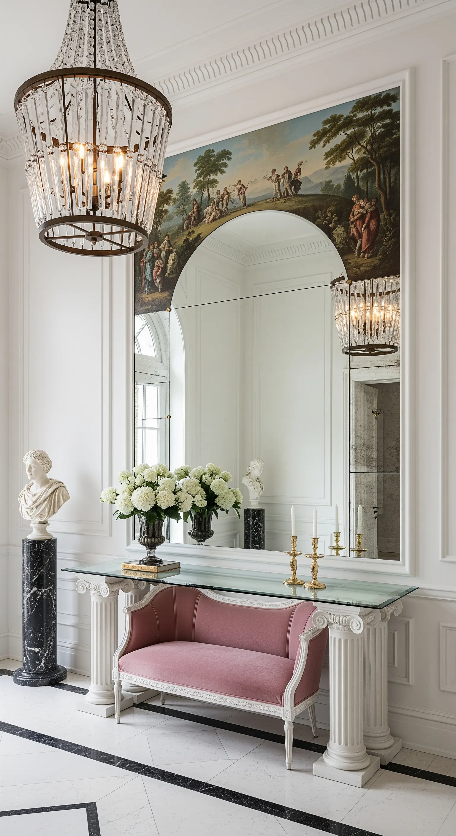 Ingresso neoclassico con specchio ad arco, consolle a colonne e panchetta in velluto rosa