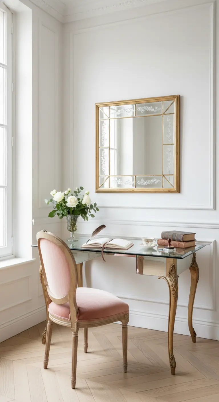 Scrivania classica con piano in vetro, sedia Luigi XVI rosa e specchio inciso.