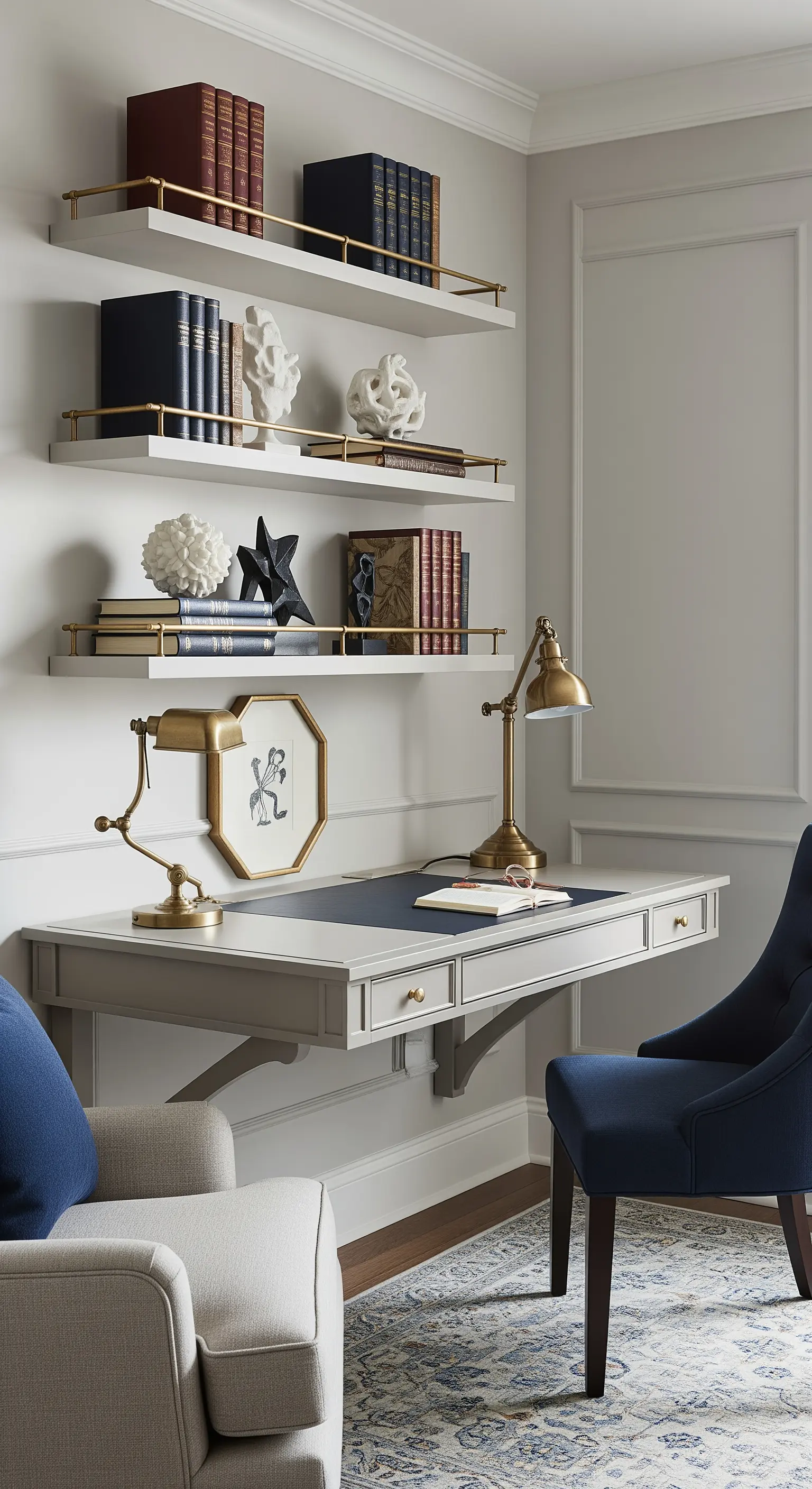 Scrivania sospesa grigia con mensole coordinate e dettagli in ottone in un soggiorno neoclassico.
