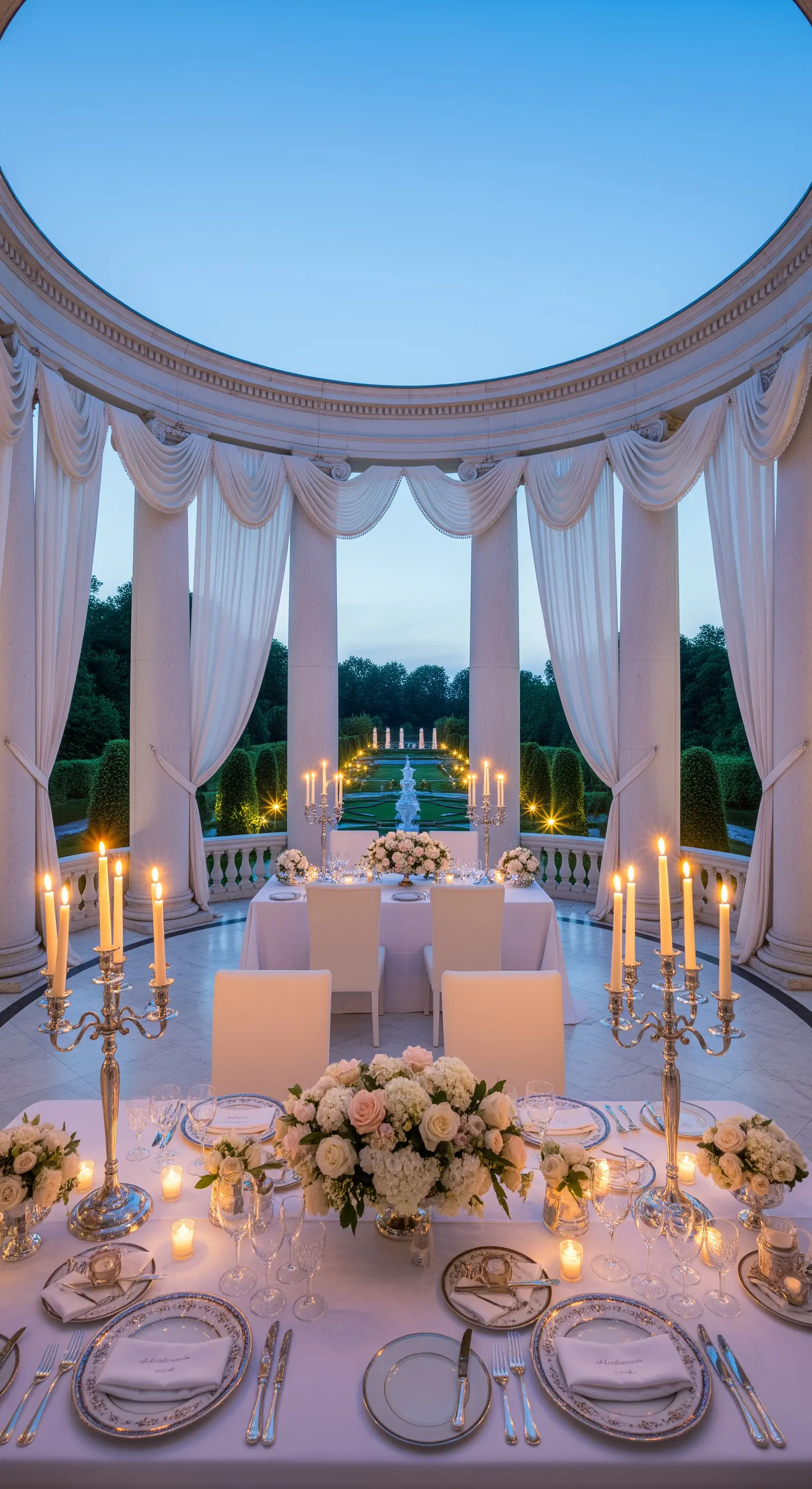 Tavola da cena elegante allestita in un padiglione neoclassico con colonne, tende bianche e candelabri.