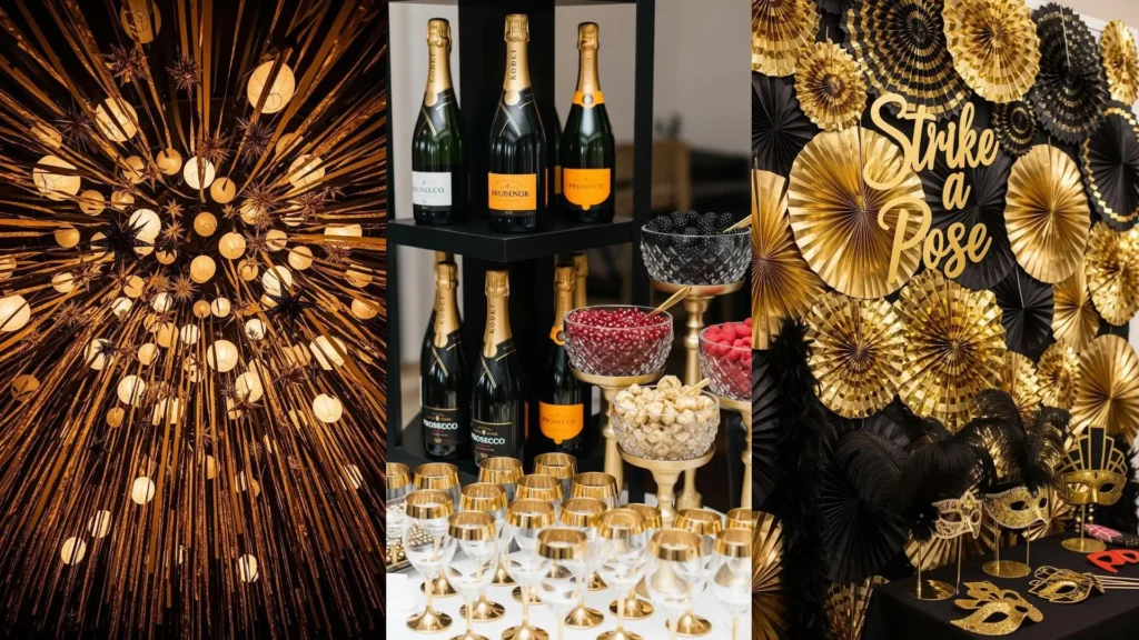 Decorazioni eleganti nere e oro per un compleanno raffinato, con bottiglie di prosecco, calici e un festivo sfondo.