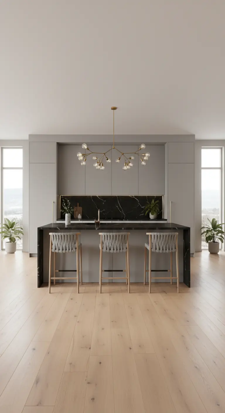 Cucina grigio chiaro con isola in marmo nero, pavimento in legno e sgabelli con seduta intrecciata.