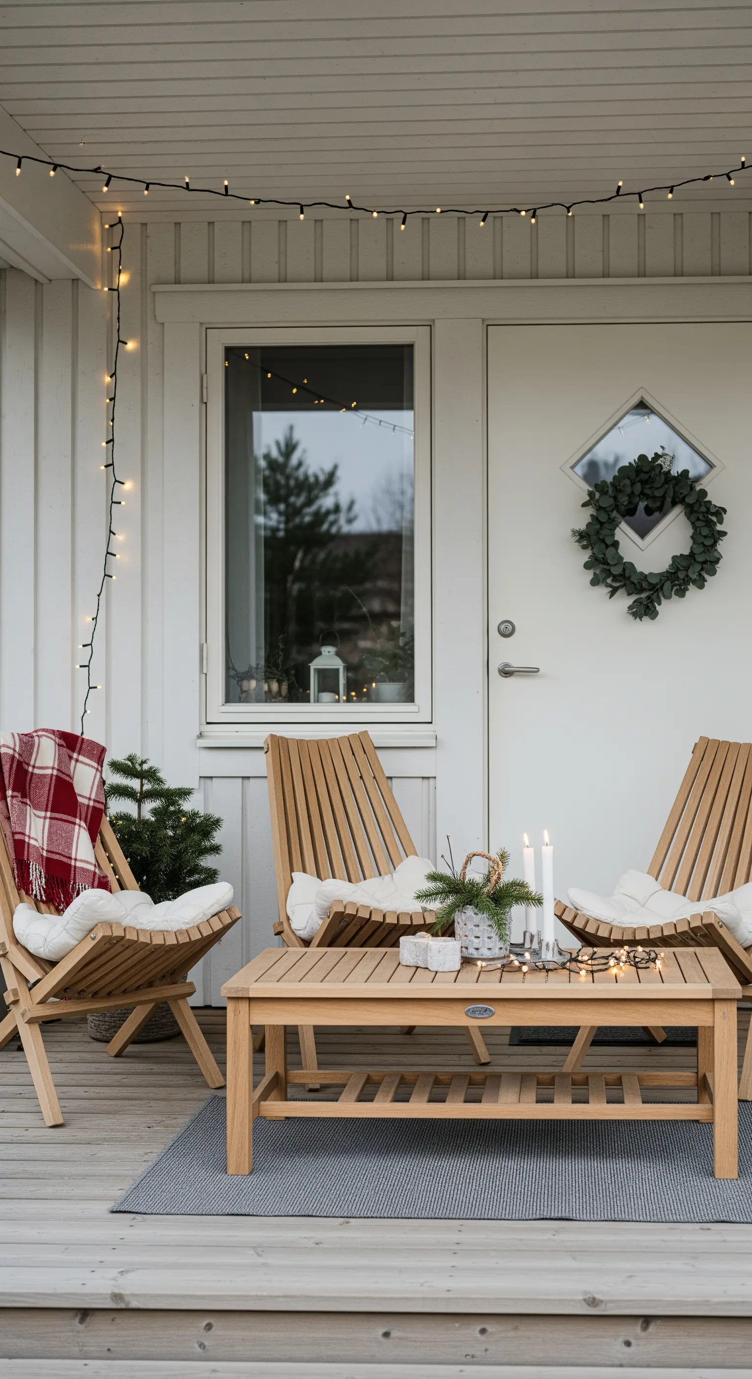 Portico con sedie in legno, plaid a quadri rossi e decorazioni natalizie naturali.