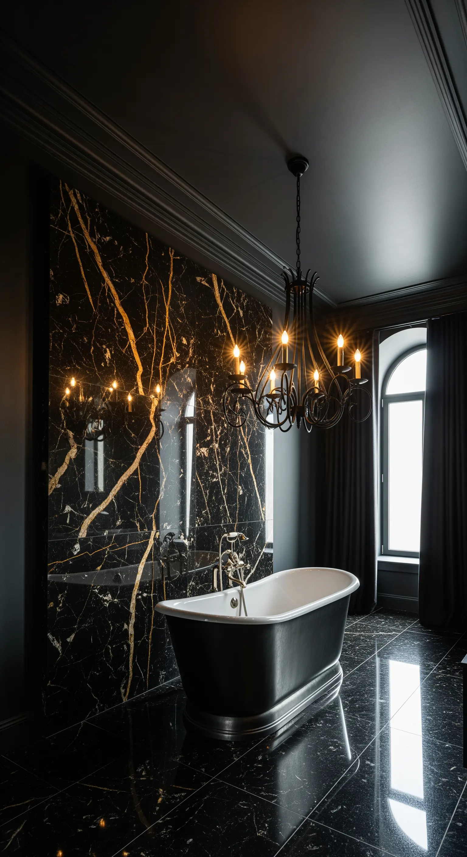 Bagno scuro con parete in marmo nero e oro, lampadario classico nero e vasca freestanding.
