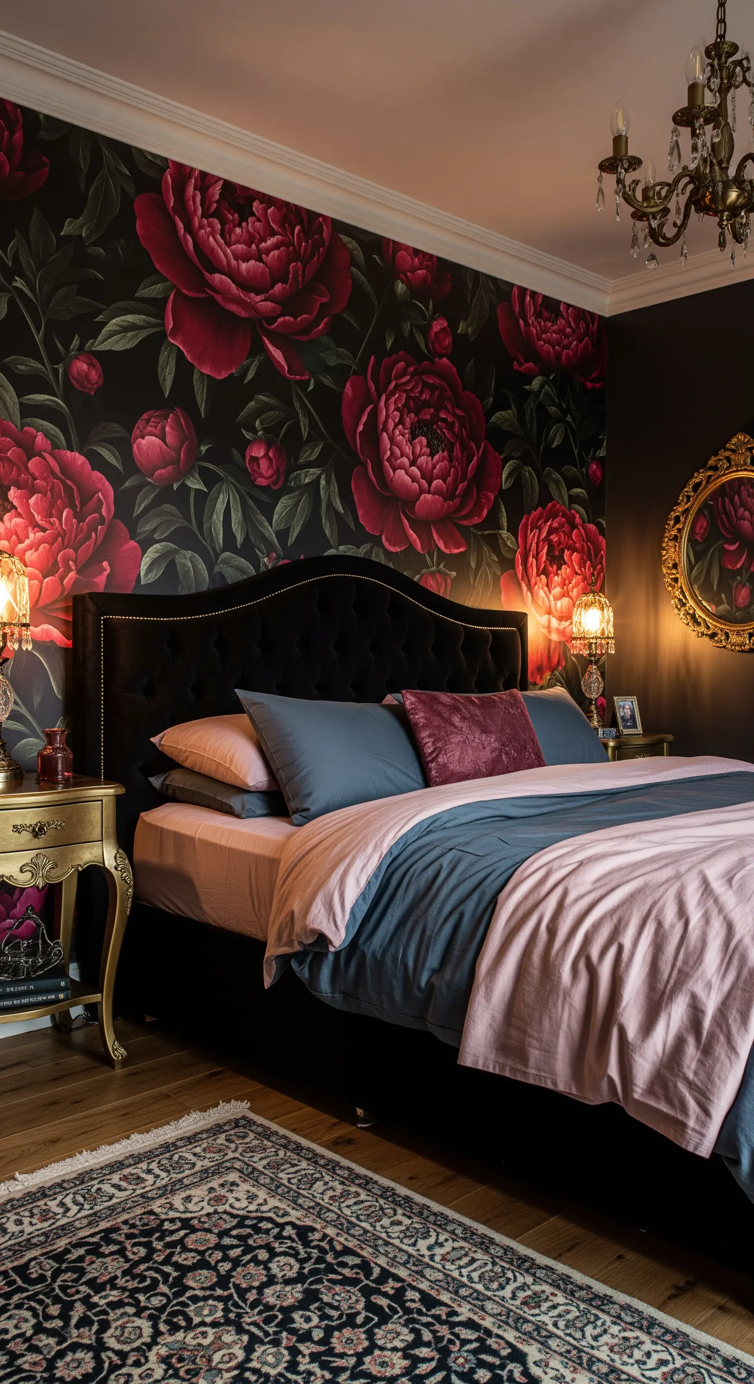 Camera da letto scura con carta da parati a peonie rosse e testiera in velluto nero.