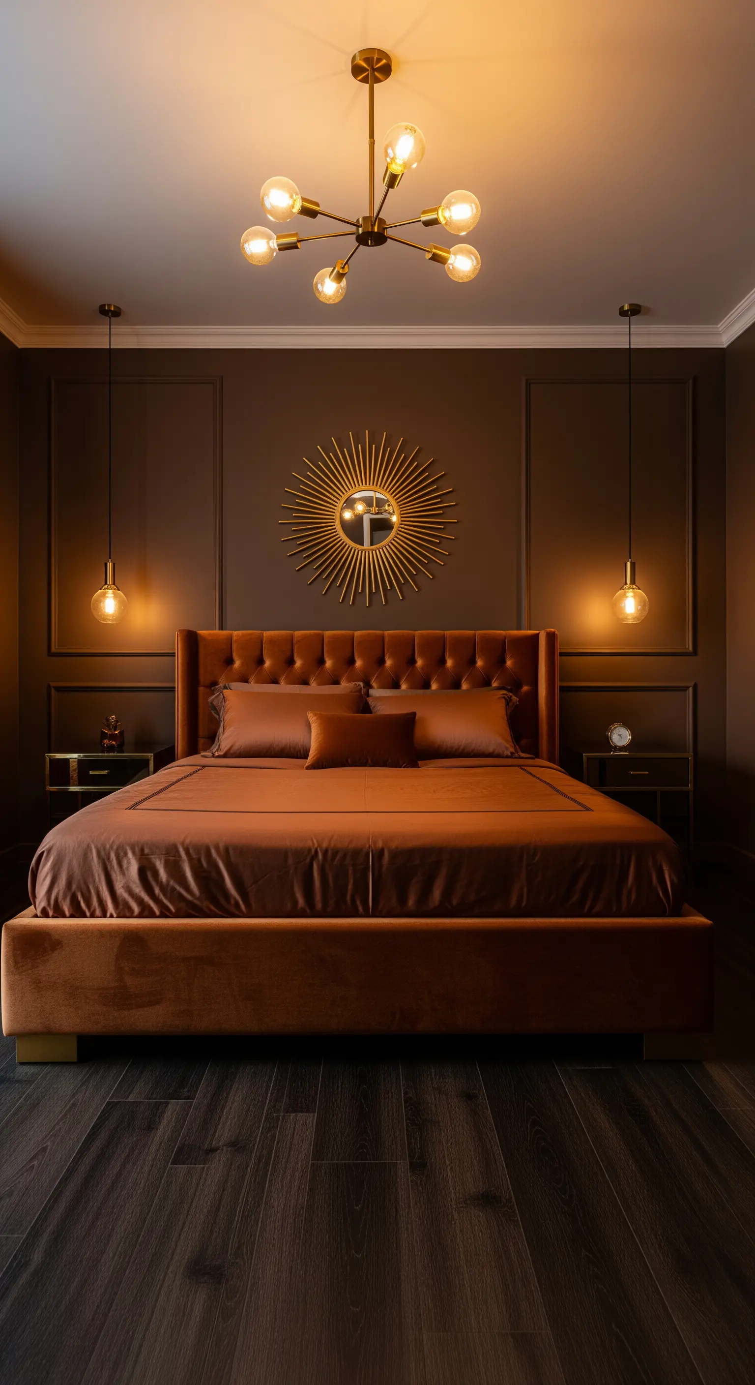 Camera da letto scura con pareti marroni, letto in velluto ruggine e dettagli in ottone.