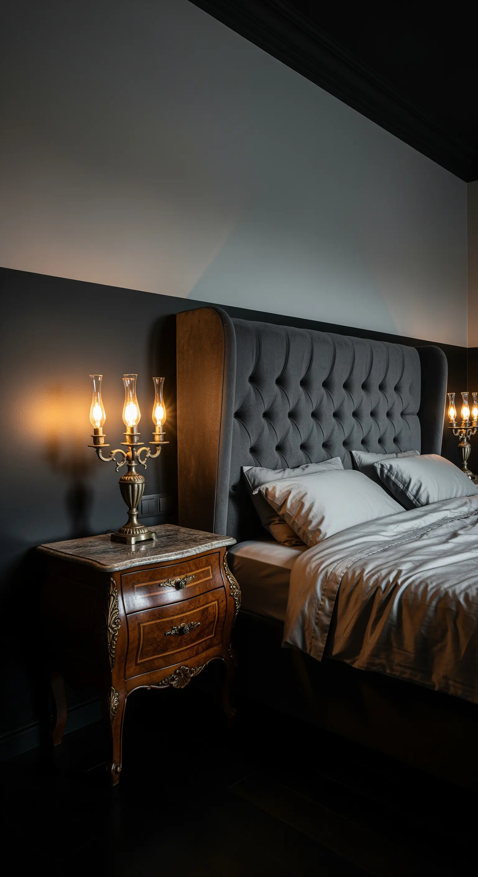 Camera da letto scura e sofisticata con parete bicolore grigia e testiera capitonné.