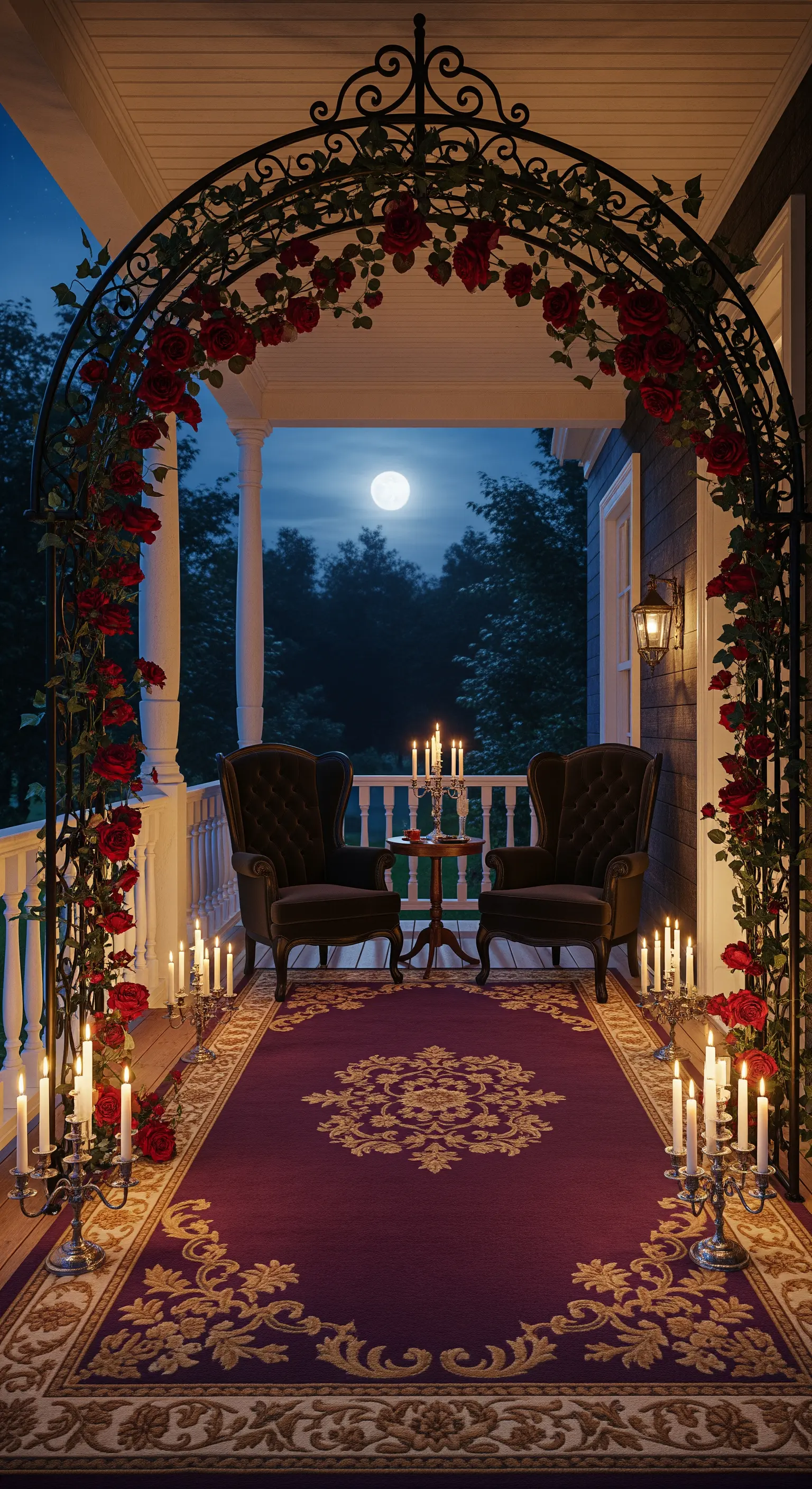 Portico notturno con arco in ferro battuto, poltrone scure e tappeto damascato.