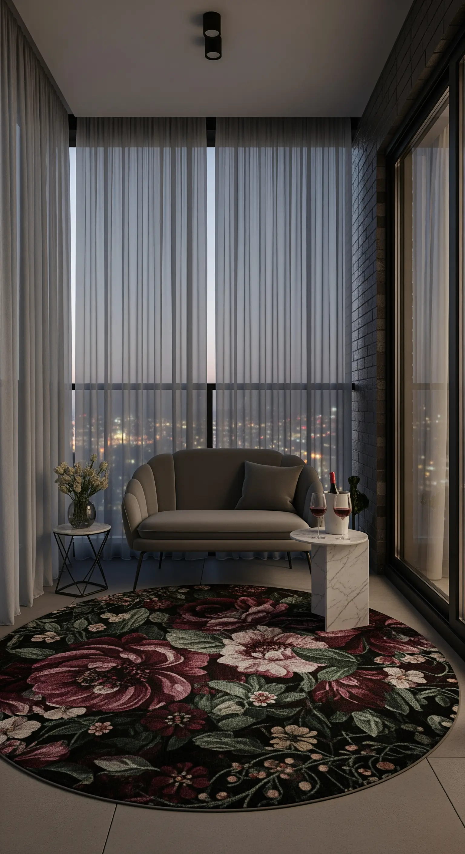 Balcone moderno di notte con tappeto floreale scuro, divanetto in velluto e tende grigie.