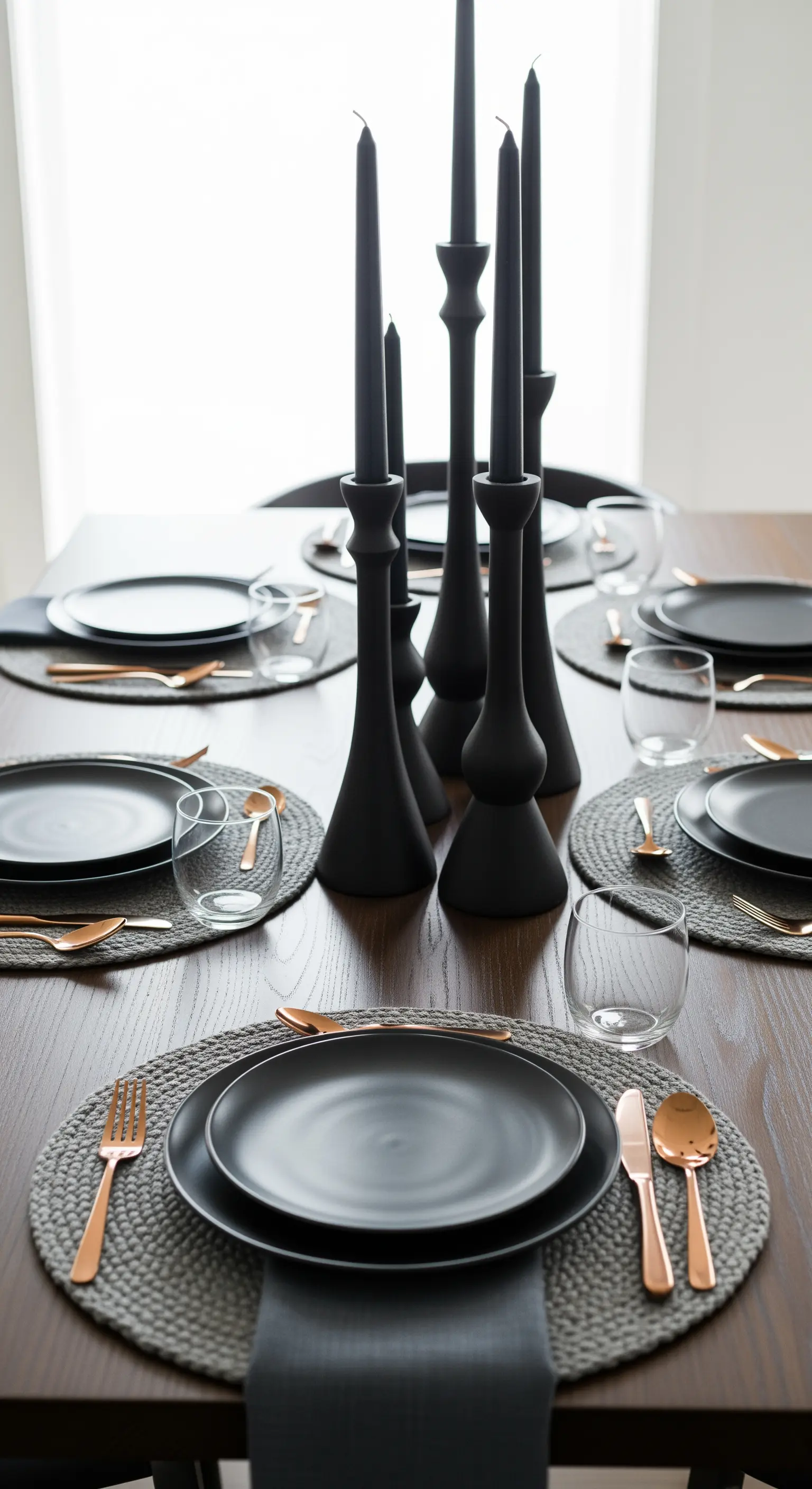 Tavola elegante con piatti neri, posate rame e candelabri neri moderni.