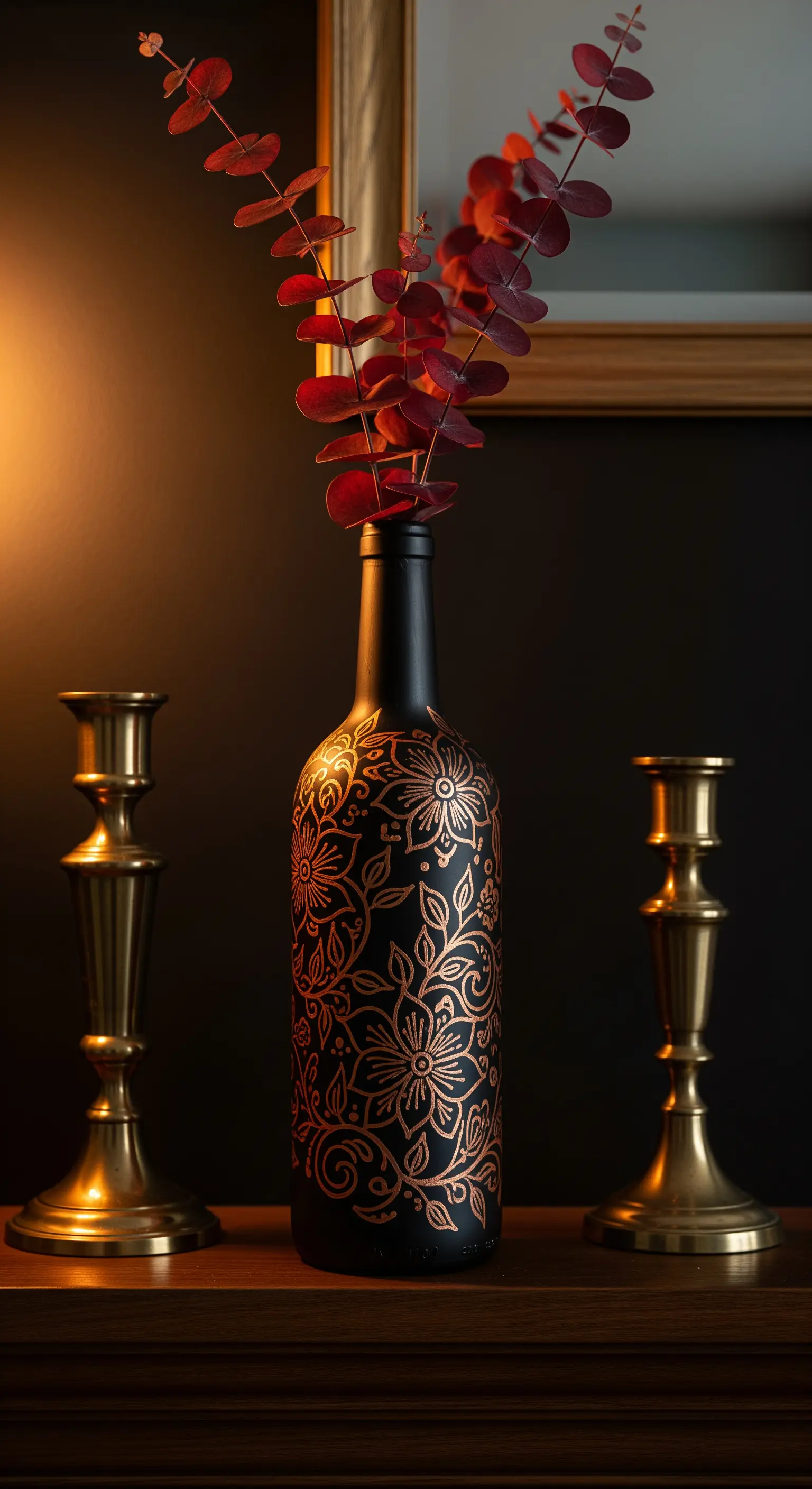 Bottiglia di vino nera opaca decorata a mano con un motivo floreale dorato.