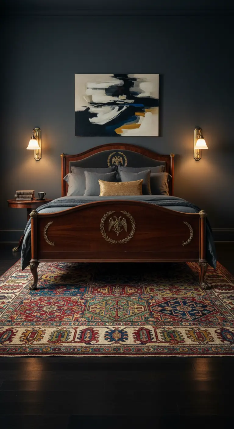 Camera da letto scura con letto in stile Impero e tappeto persiano vivacemente colorato.