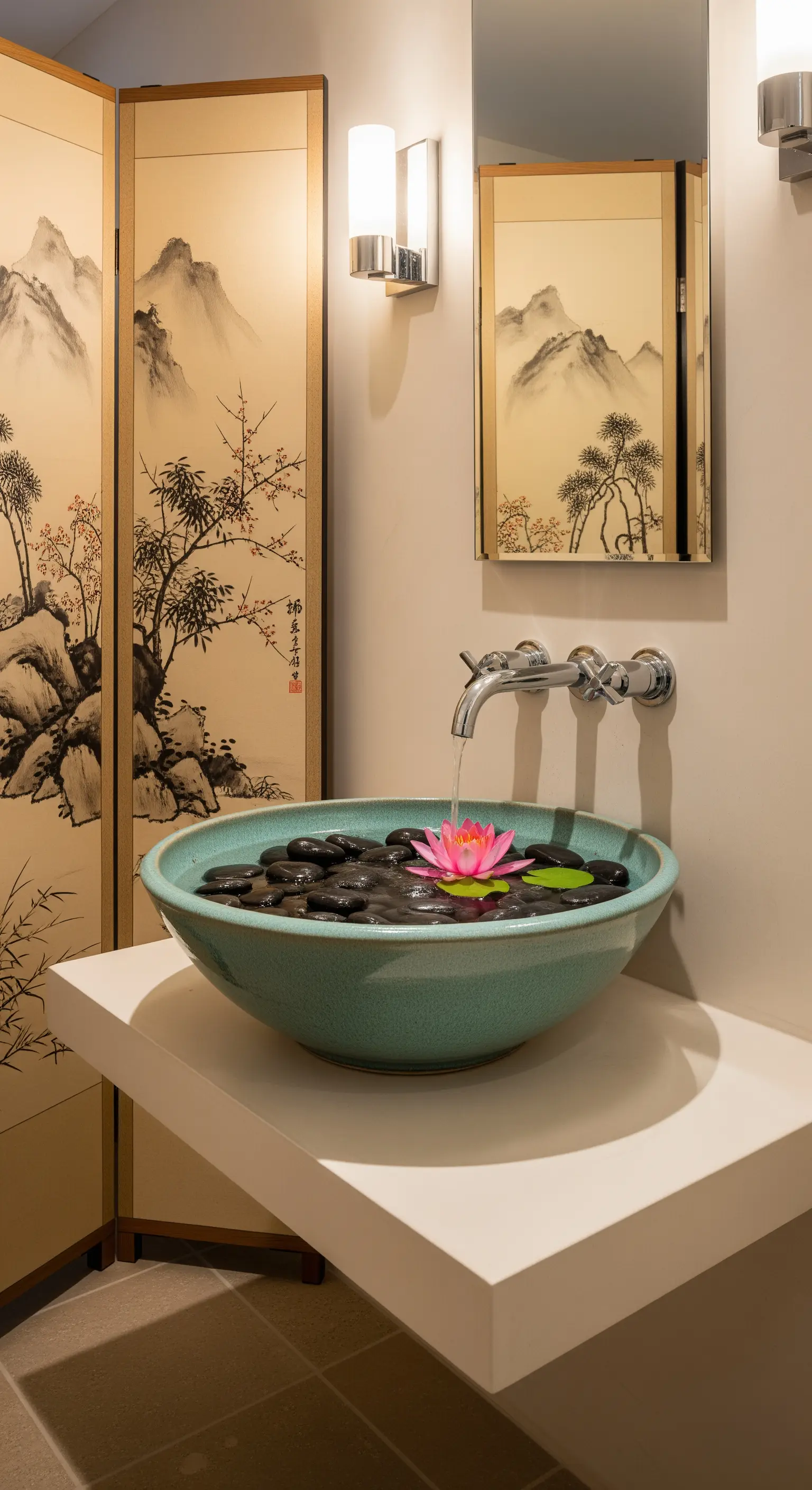 Lavabo in ceramica turchese con pietre e ninfea, con un paravento giapponese sullo sfondo.