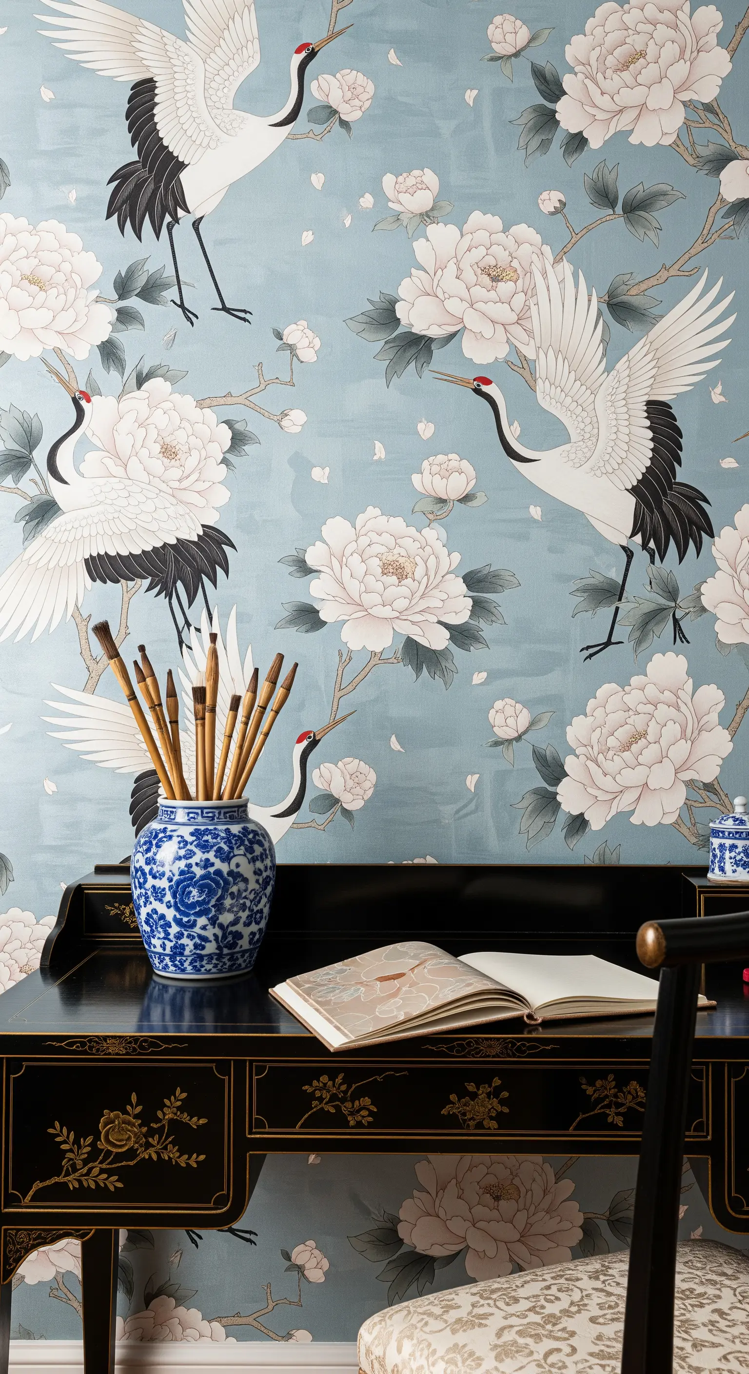 Scrivania laccata nera con vaso blu e bianco davanti a una parete con gru e peonie.
