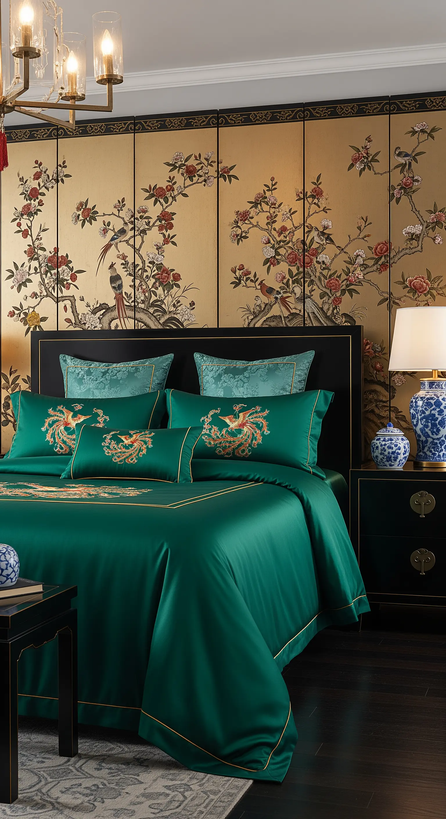 Letto con biancheria in seta verde smeraldo davanti a un paravento dorato con motivi floreali cinesi.