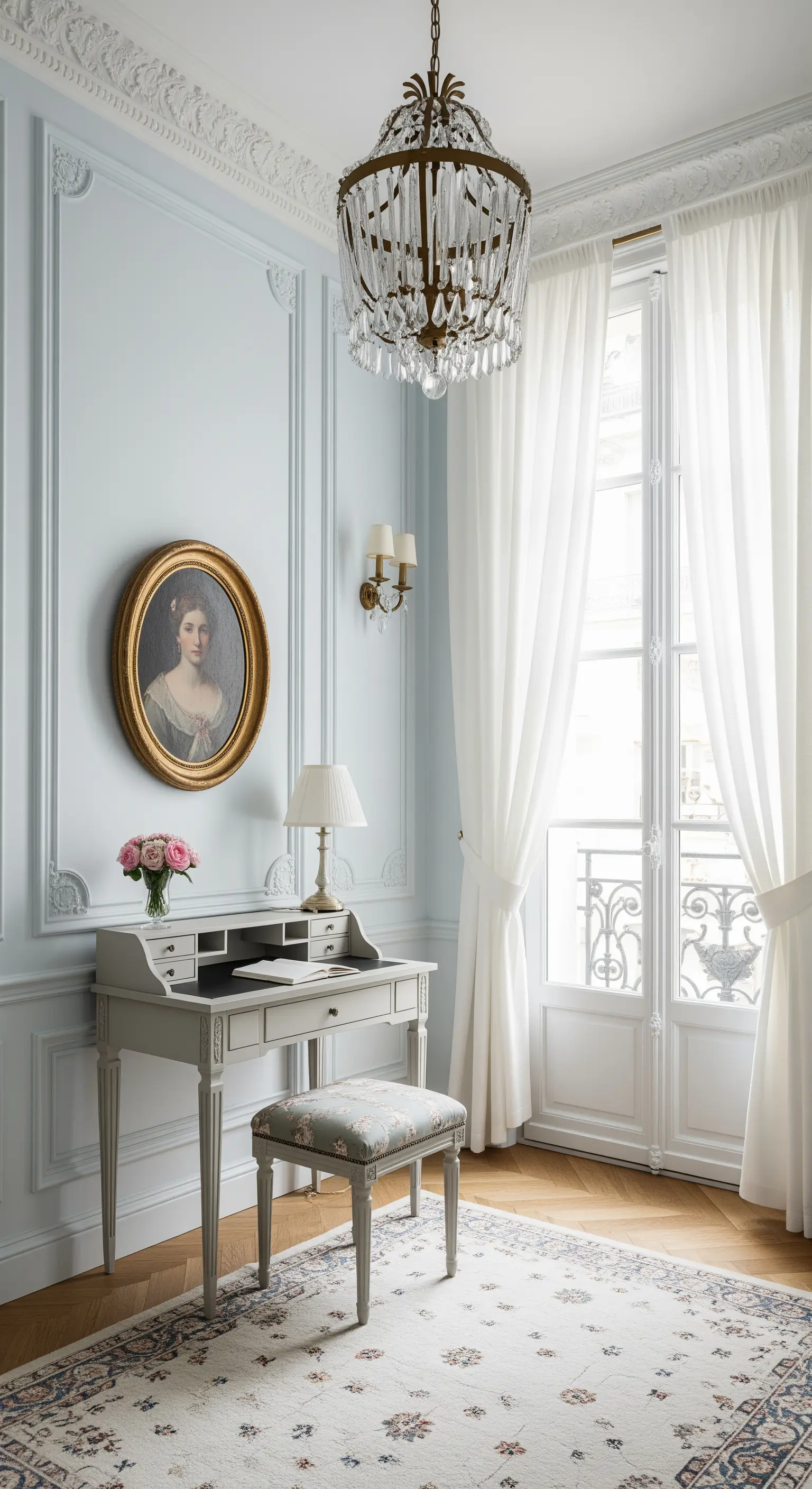 Angolo studio parigino con pareti azzurre, boiserie e scrittoio antico.