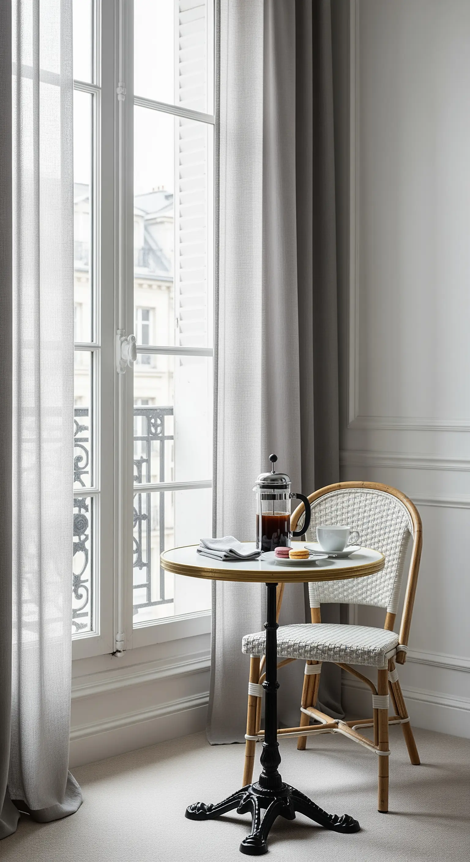 Angolo caffè in stile parigino con tavolino tondo e tende grigio chiaro.