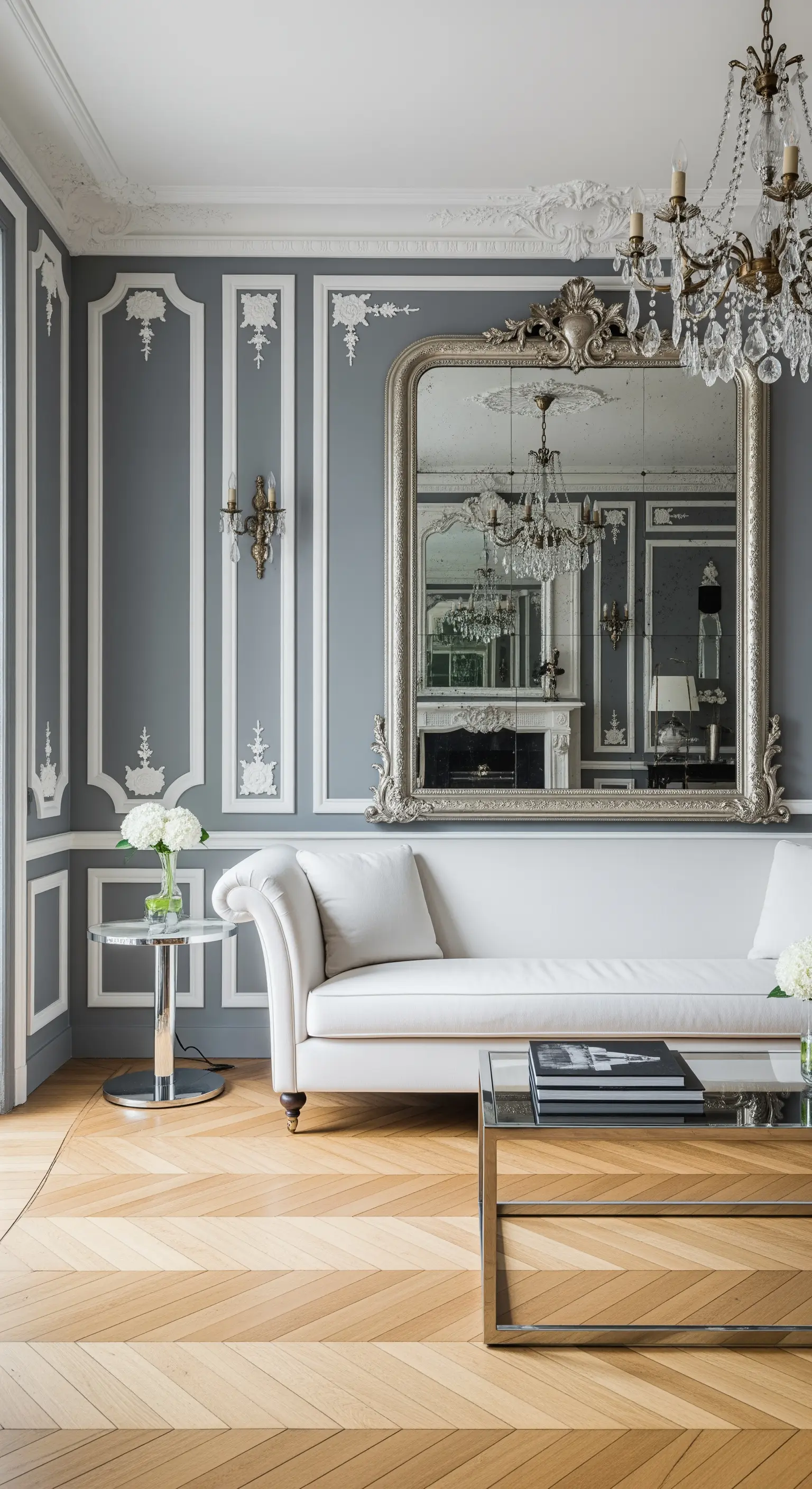 Salotto parigino con boiserie grigia, divano bianco, specchio e lampadario argentati.