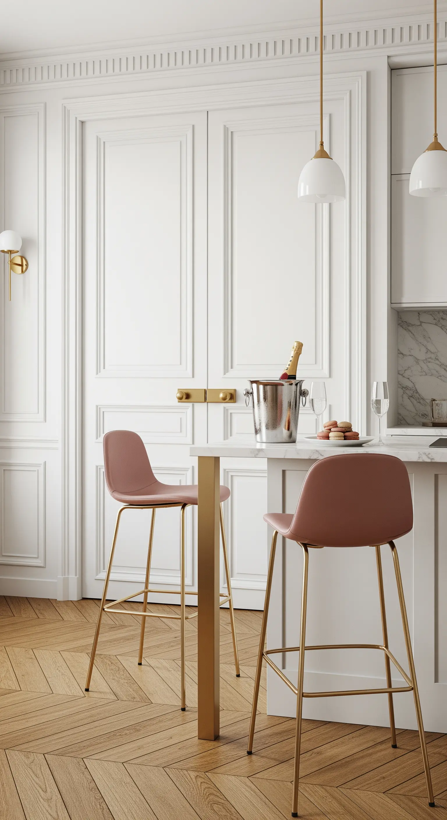 Angolo bar parigino con boiserie bianca e sgabelli minimalisti in pelle rosa e ottone.