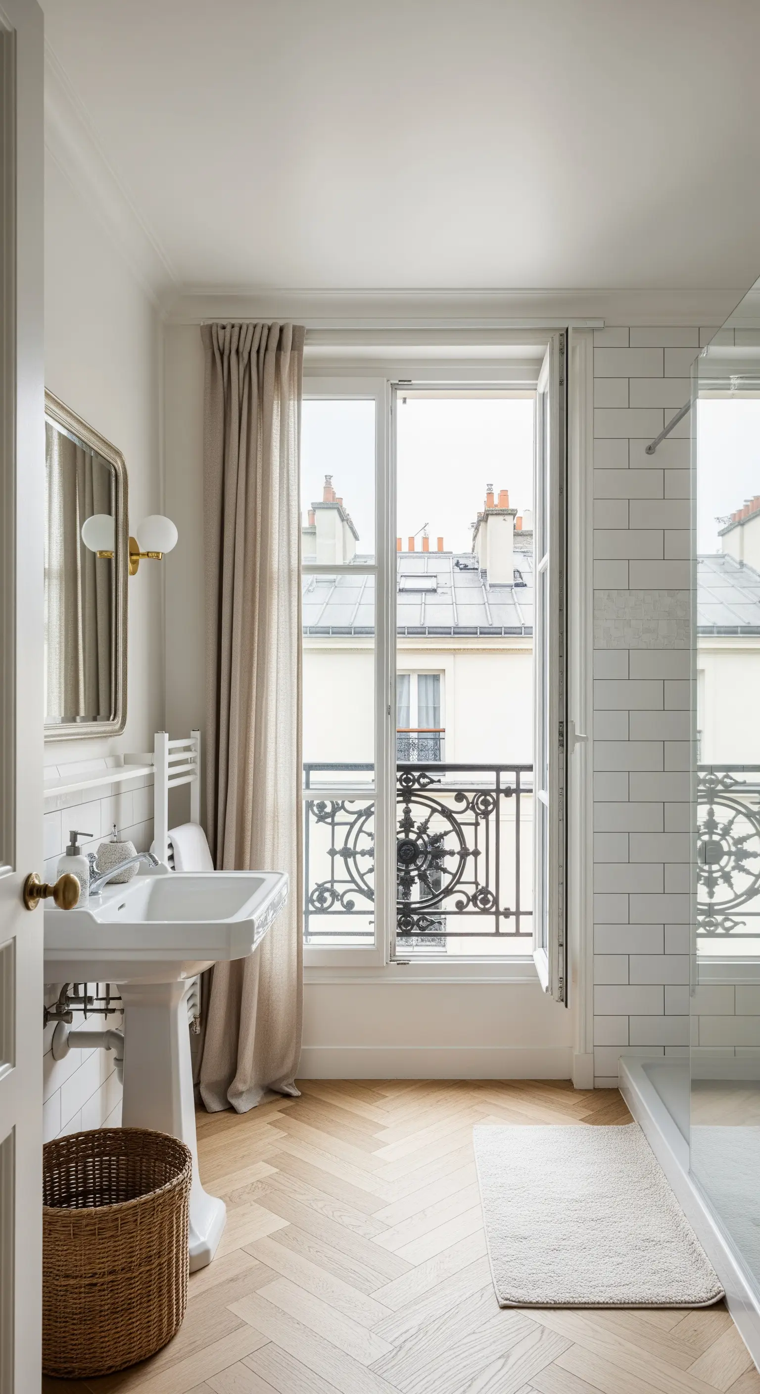 Bagno in stile parigino con parquet a spina di pesce, piastrelle bianche e portafinestra.