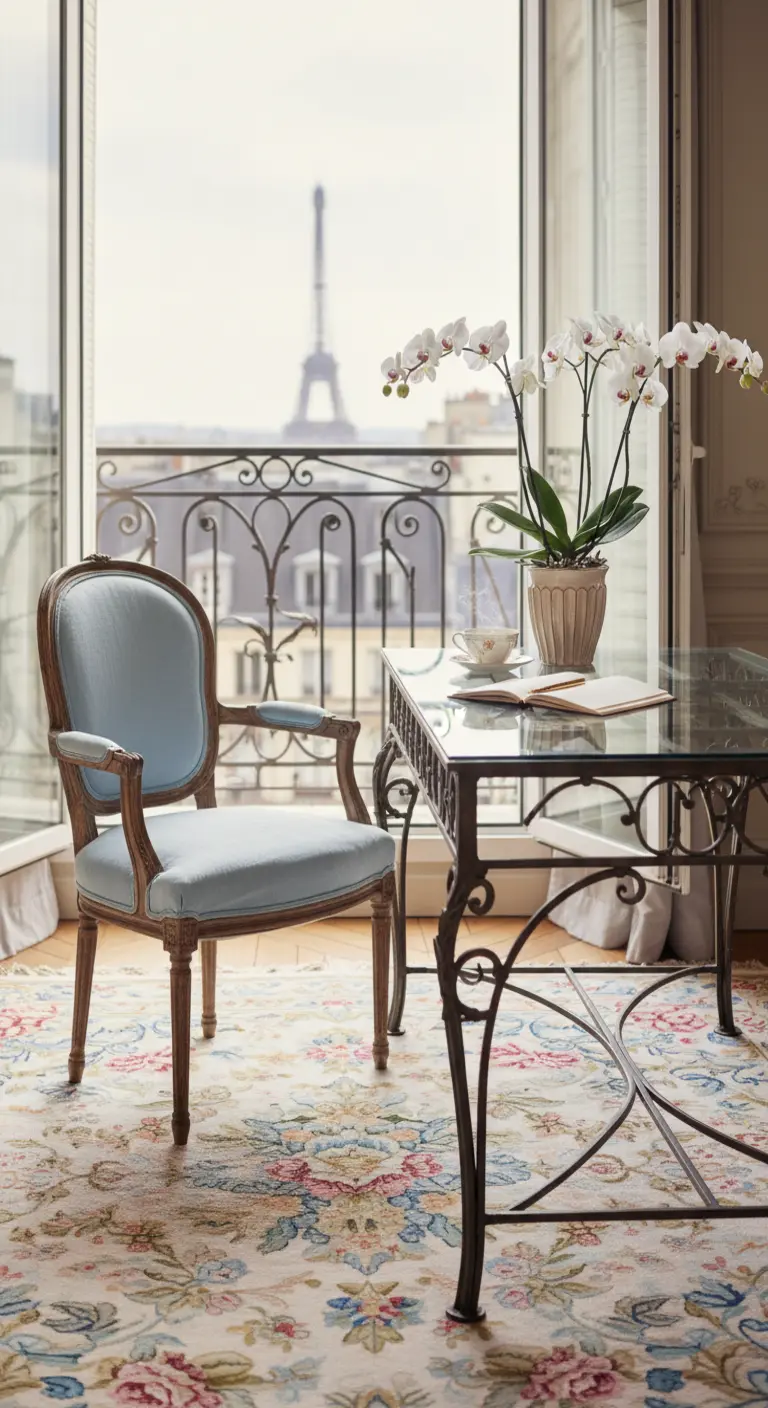 Tavolo in ferro battuto e sedia antica blu vicino a un balcone parigino con vista.
