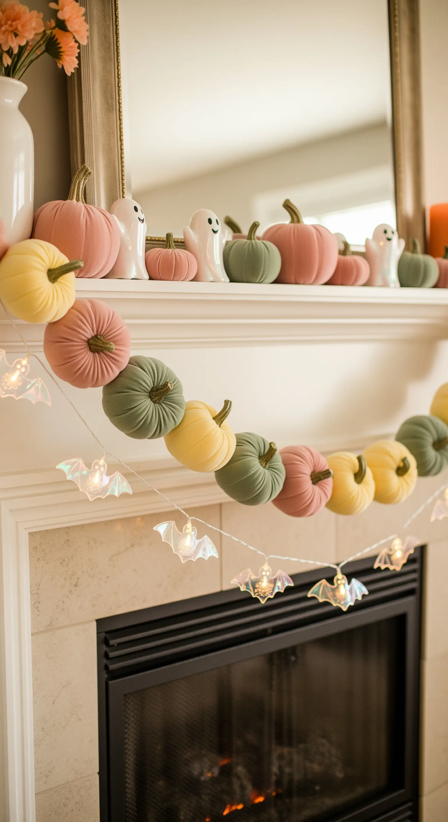 Mensola del camino decorata con zucche in tessuto color pastello e una ghirlanda luminosa.