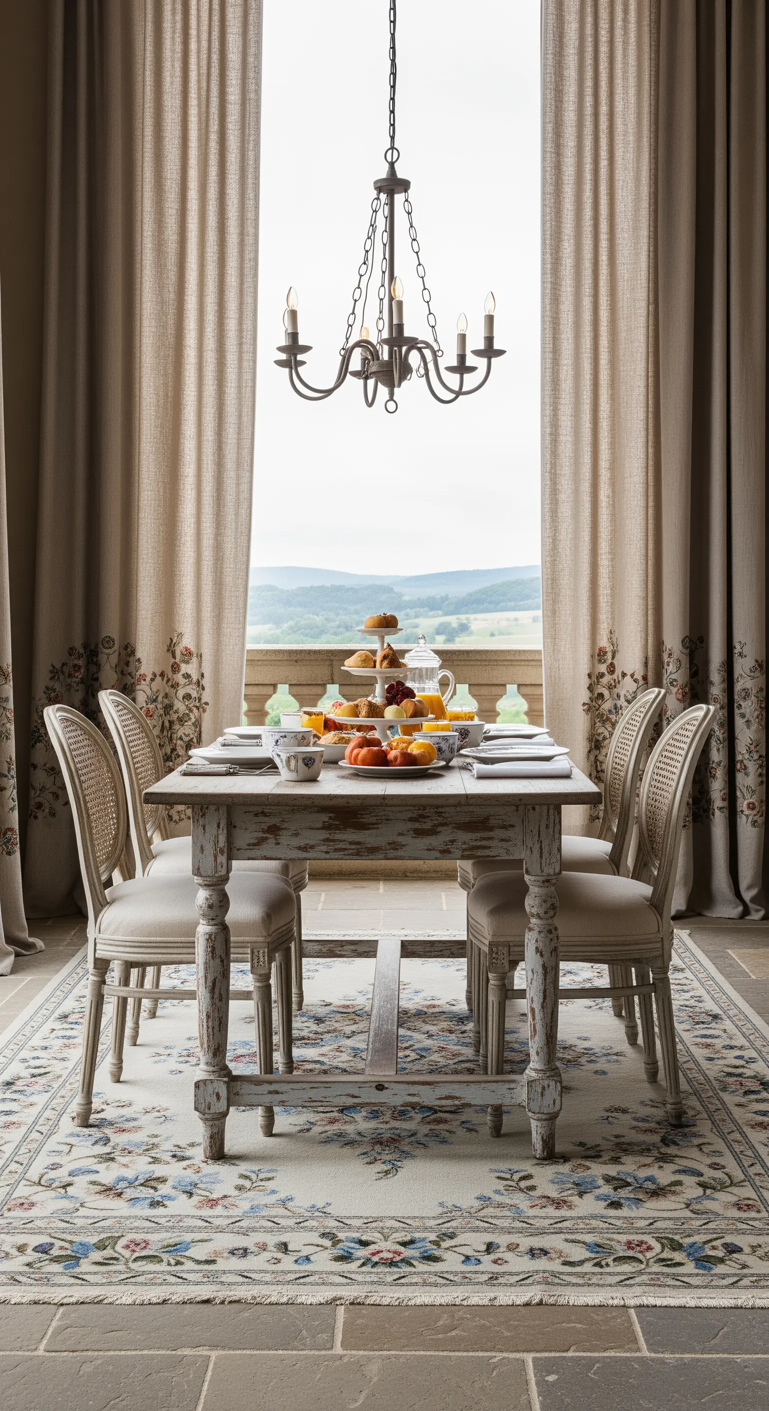 Sala da pranzo elegante affacciata su un paesaggio collinare, con tappeto floreale e lampadario.