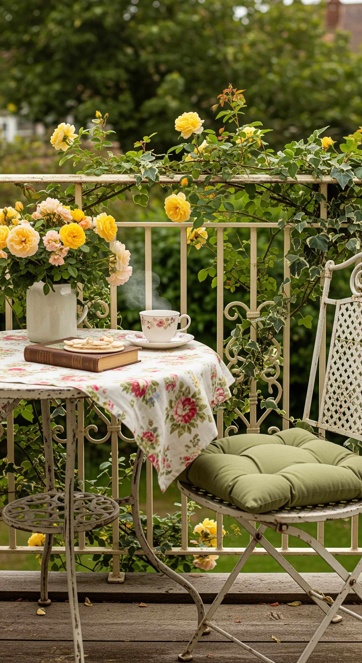 Tavolino da tè con tovaglia floreale e rose gialle su un balcone shabby chic