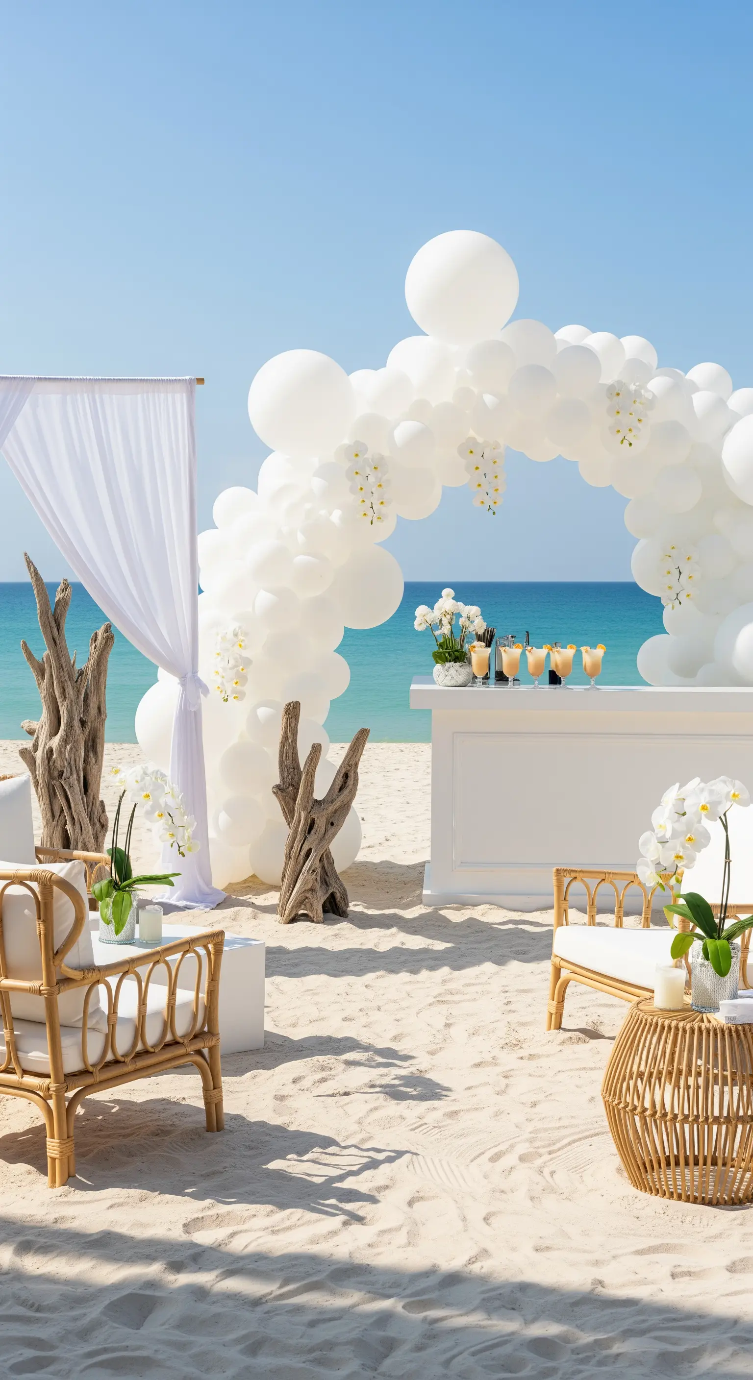 Allestimento total white sulla spiaggia con arco di palloncini, arredi in rattan e orchidee.