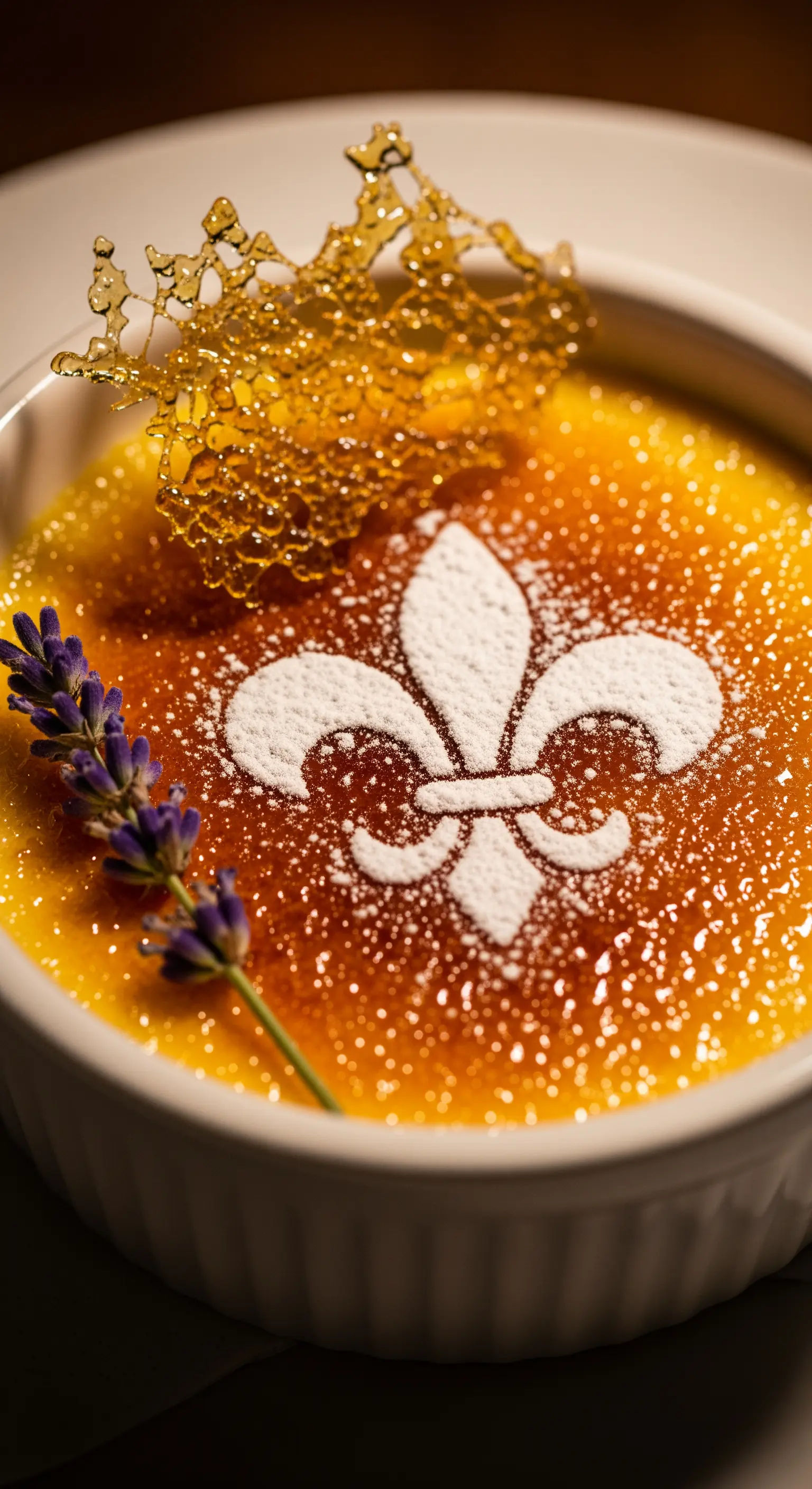 Crème brûlée decorata con un giglio di zucchero a velo, lavanda e una scultura di caramello.