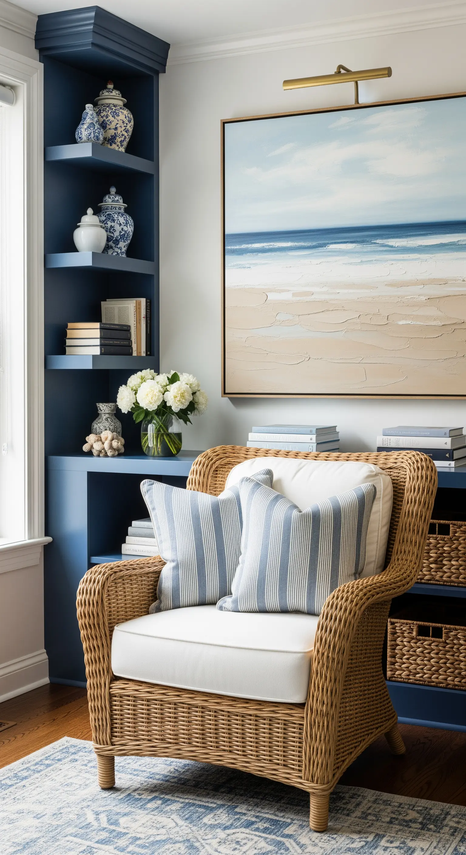 Libreria a muro blu, poltrona in rattan e quadro materico di una spiaggia.