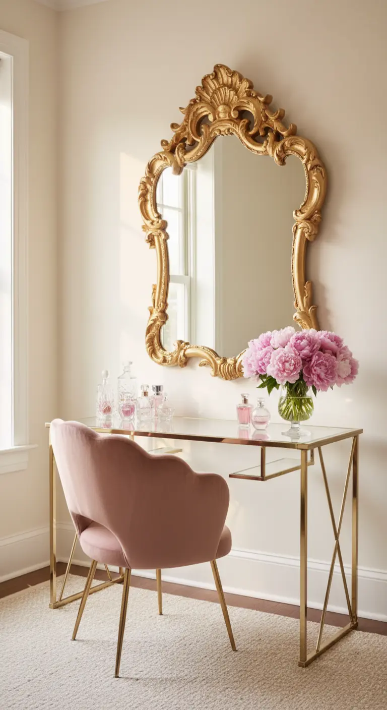 Scrivania in vetro con sedia in velluto rosa e specchio dorato barocco.